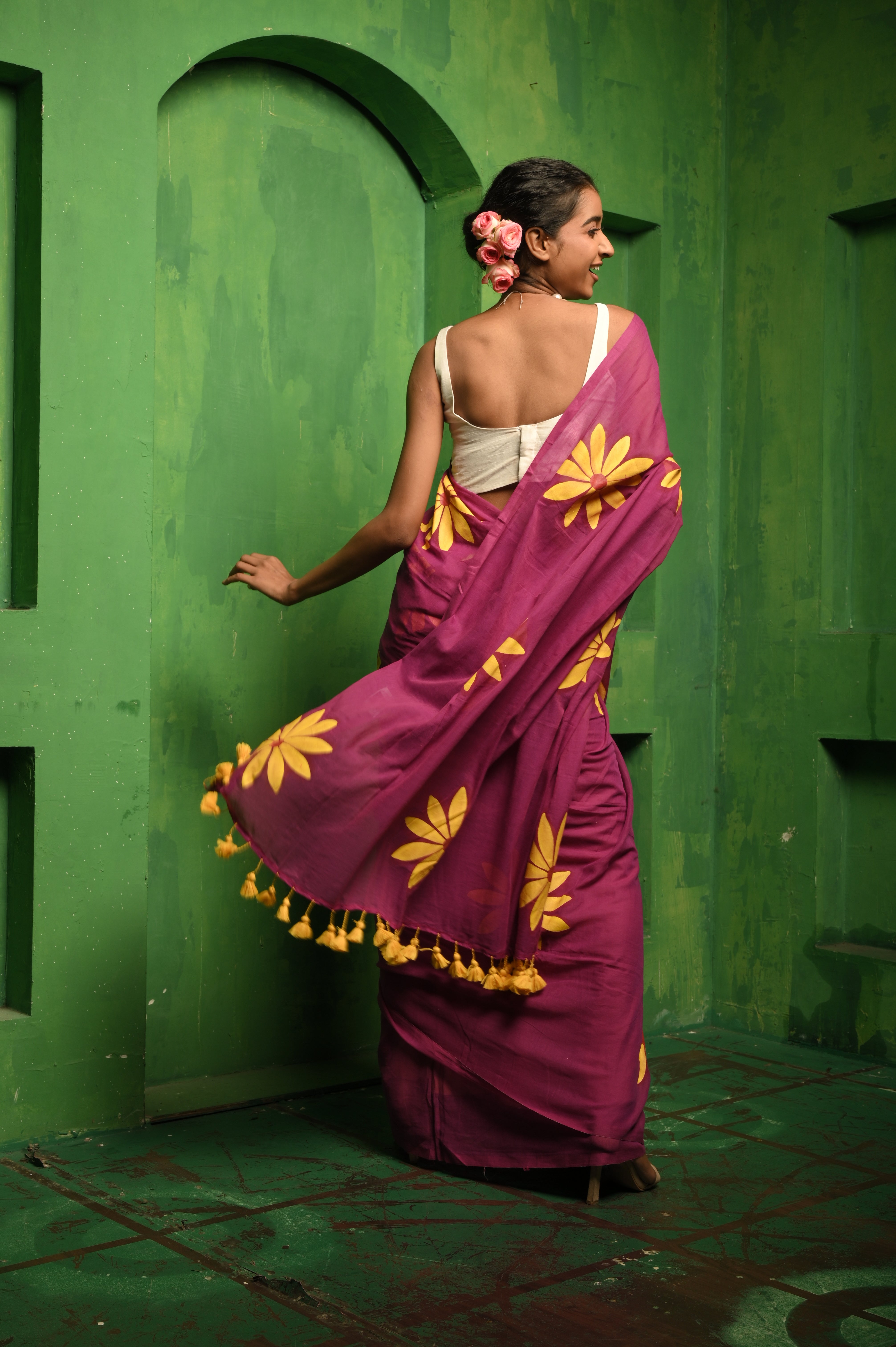 Shaayari Shaam I Purple mul cotton handloom saree with hand painted florals