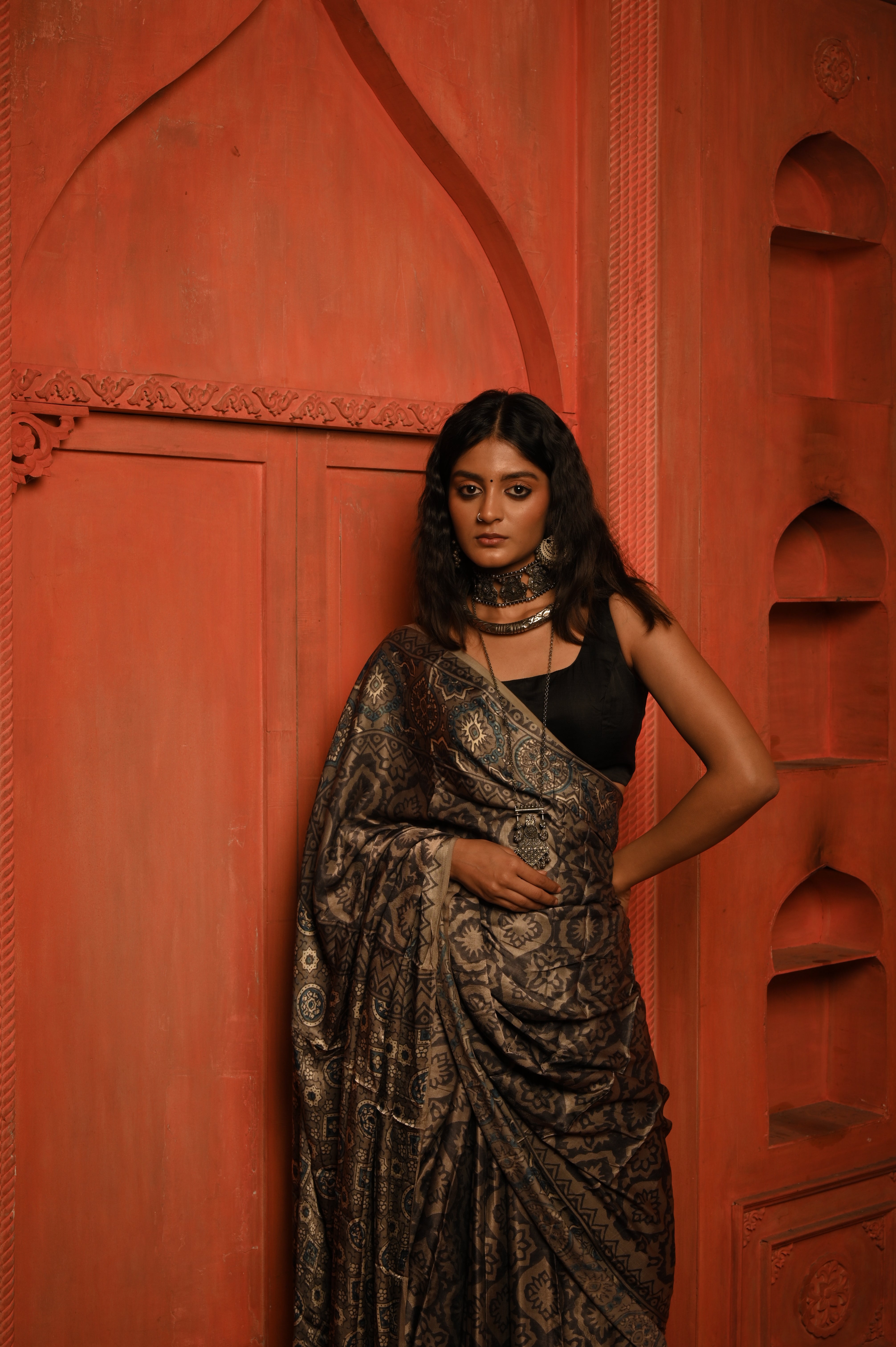 Sudarshini I Grey Handloom modal silk Ajrakh saree