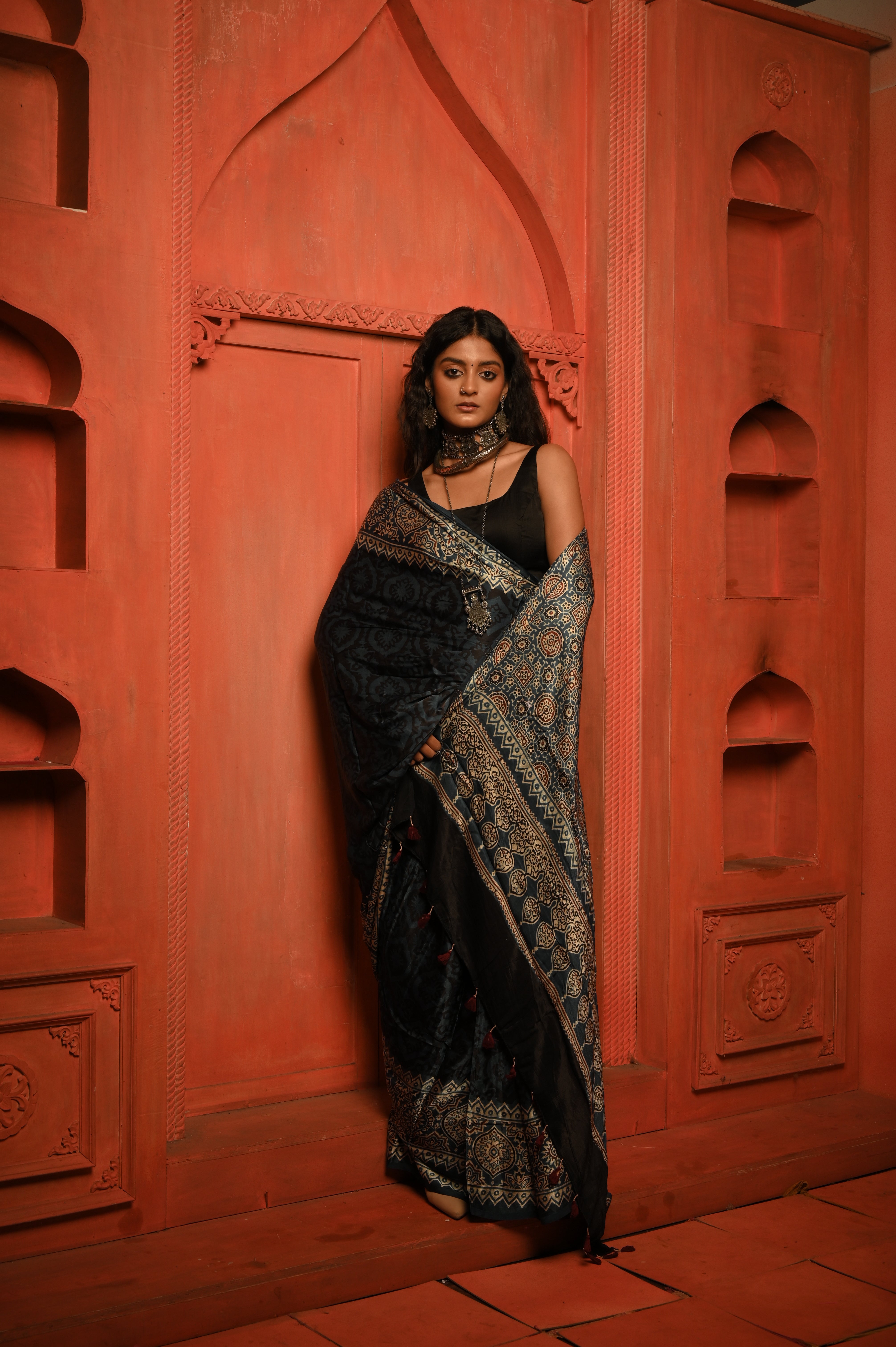 Nandini I Blue Handloom modal silk Ajrakh saree