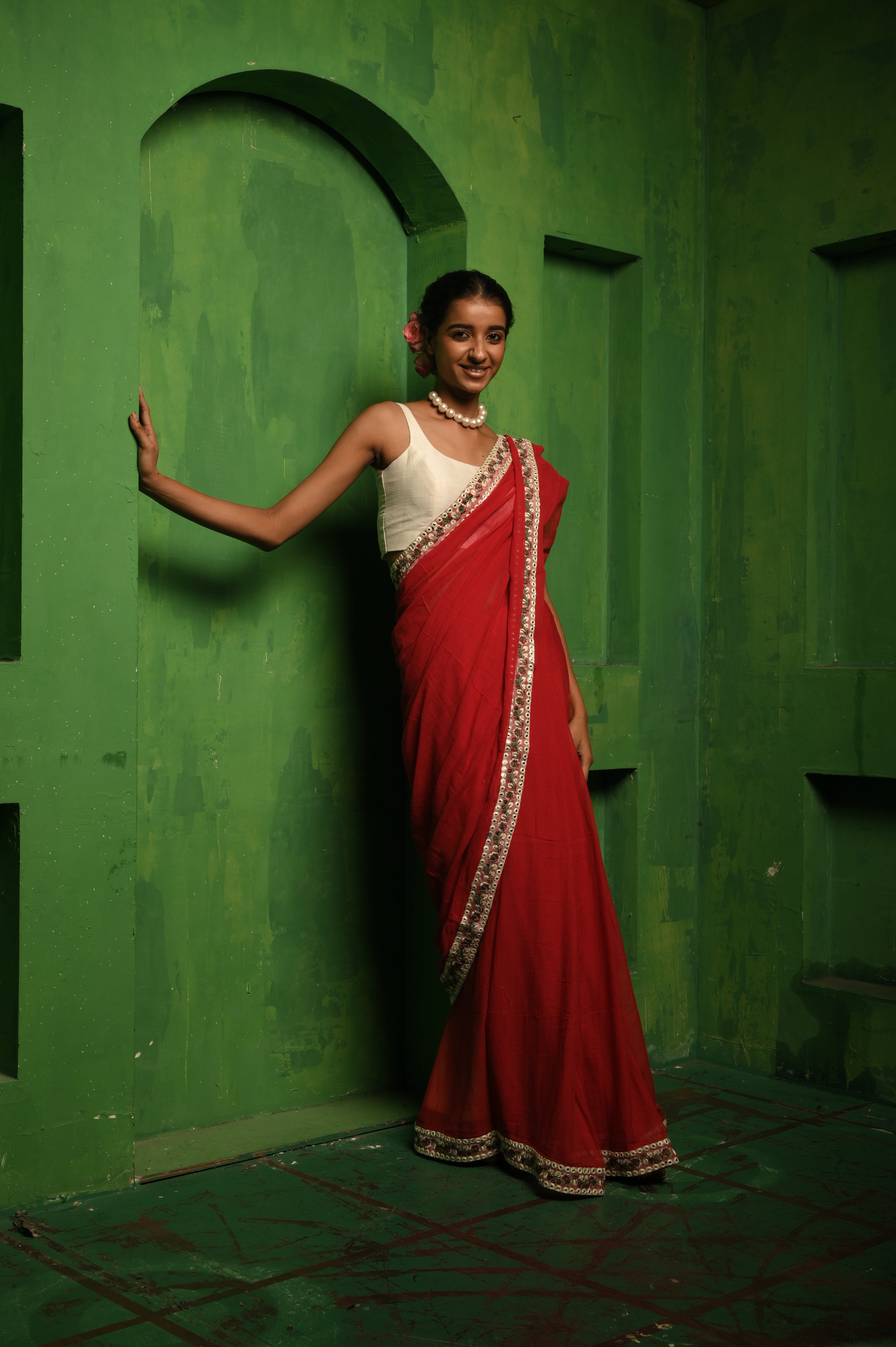 Dil Deewana I Red Mul Cotton Saree with Embroidered Lace Border