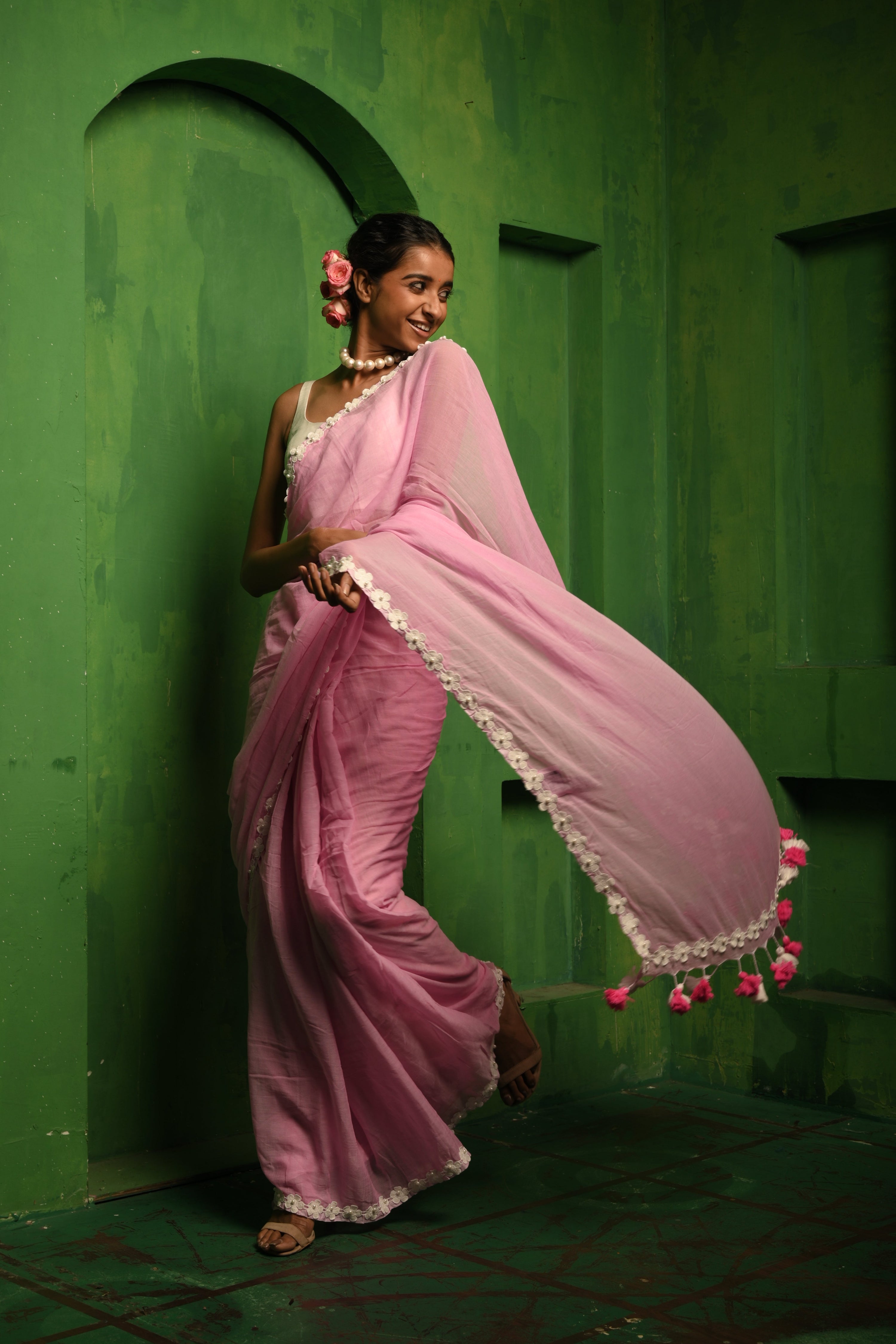 Gulabi Shaam I Pink Cotton Saree with Stitched Lace Floral Embroidered Border