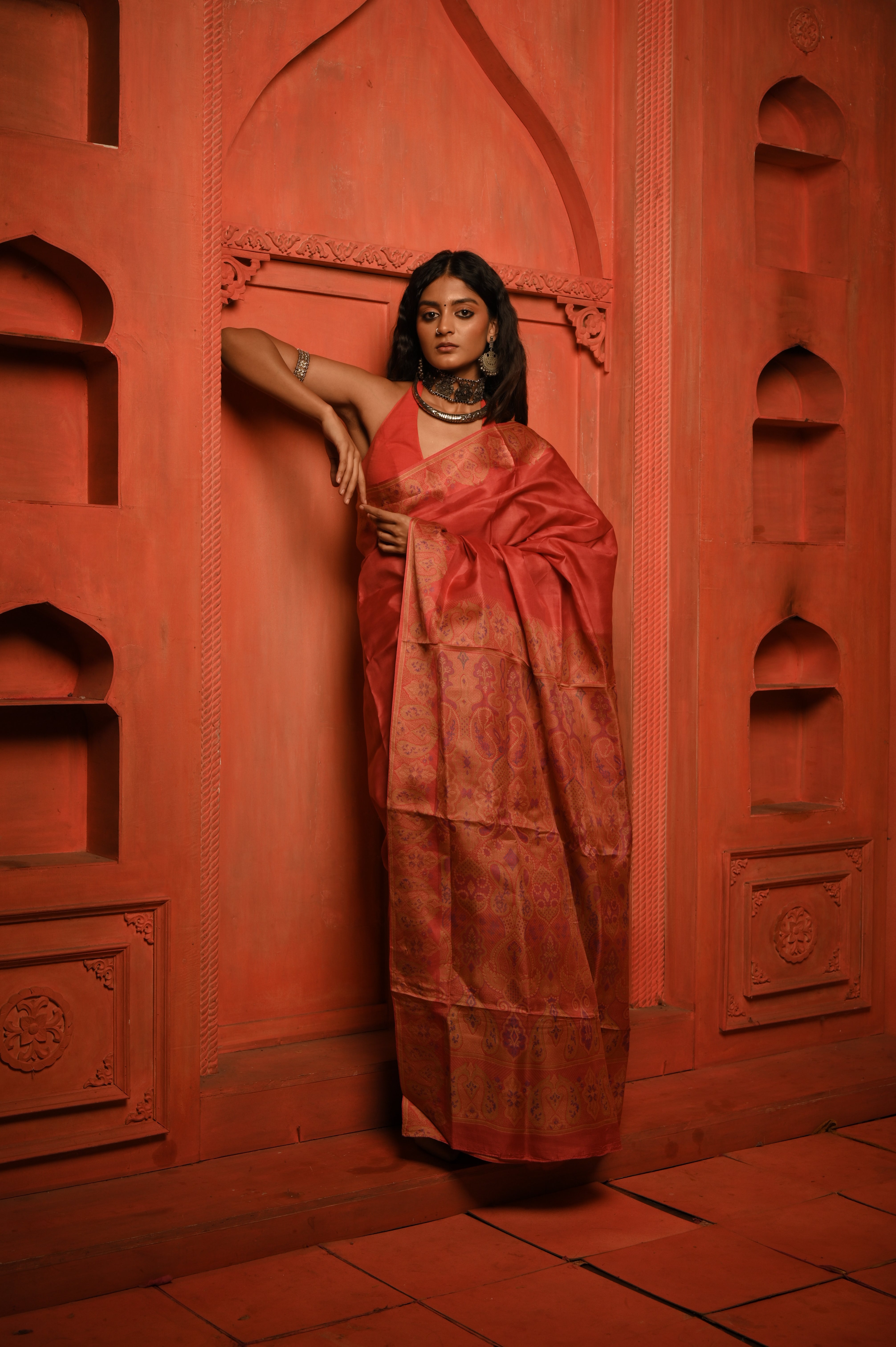 Rangeen Safar I Salmon Red Handloom silk saree