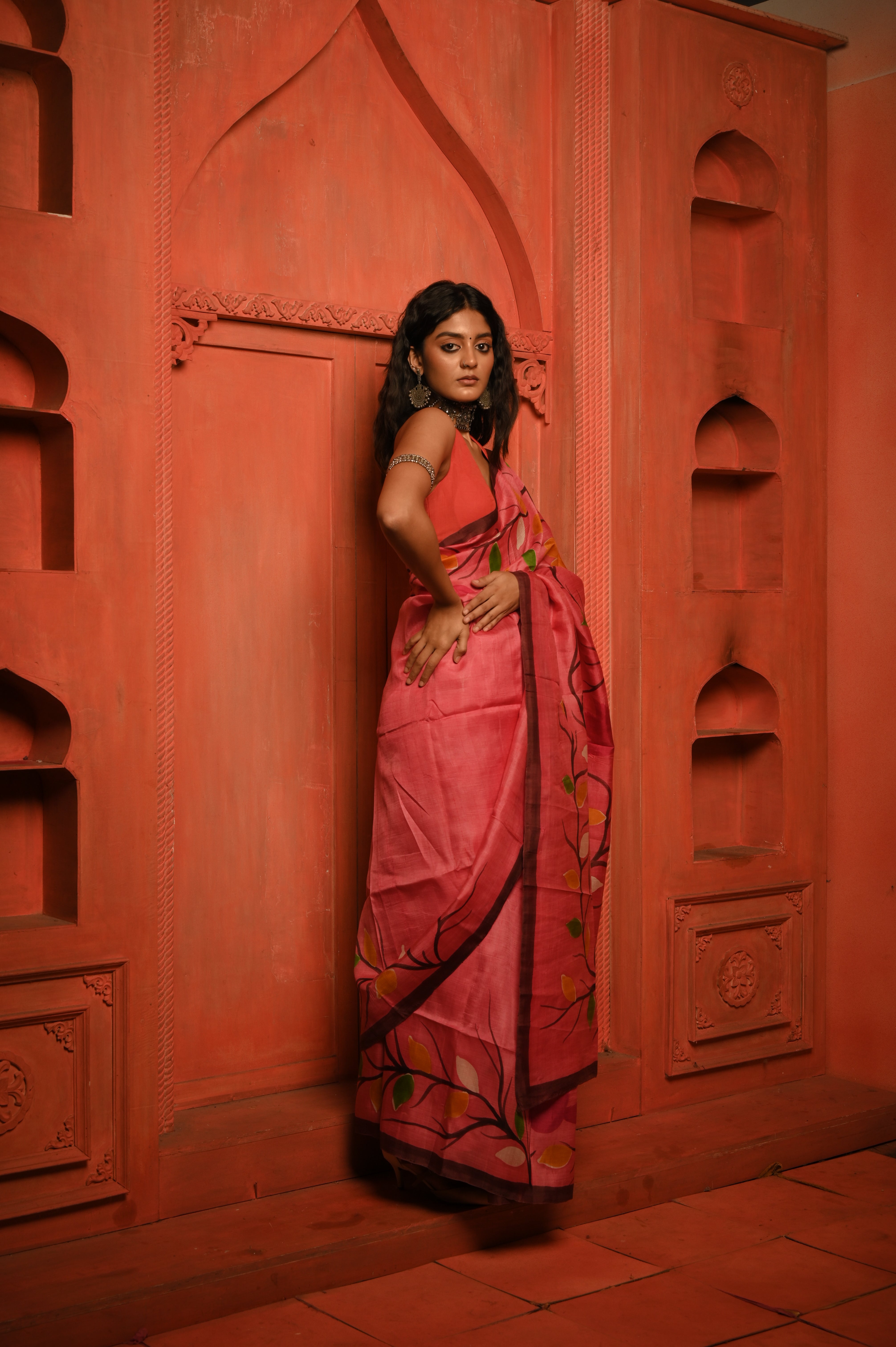 Phoolon ki baarish I Pink tussar saree with handpainted florals