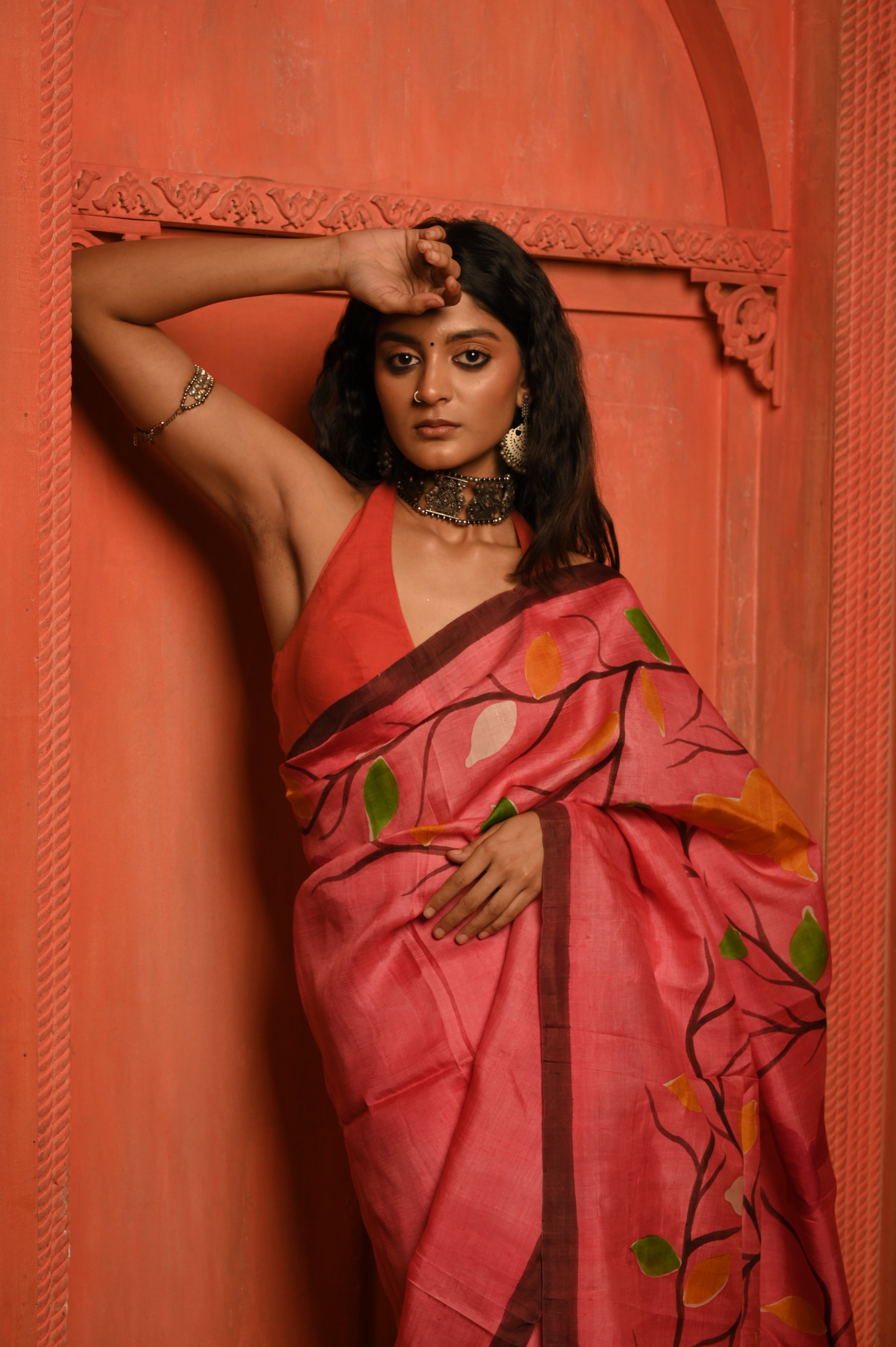 Phoolon ki baarish I Pink tussar saree with handpainted florals