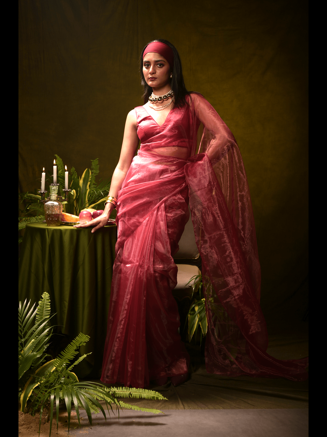 Rosé Wine I Majenta Pink Organza Tissue Saree