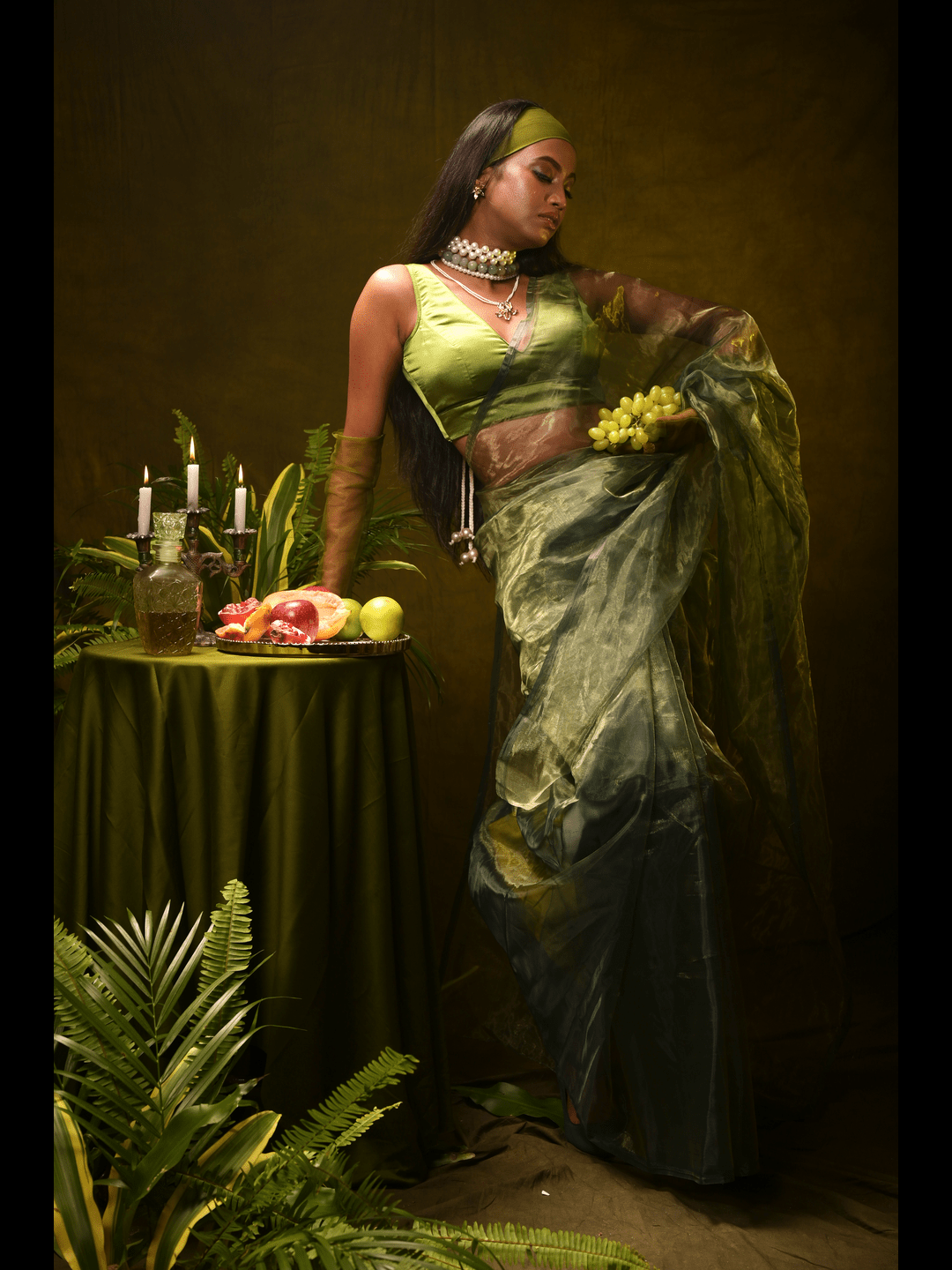 Lush mist I Sage Green Organza Tissue Saree