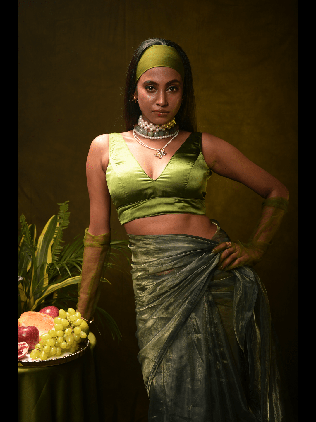 Sage Green Organza Tissue Saree with Ready to Wear Satin Silk Sleeveless Blouse Combo (Lush Mist & Dark mist)