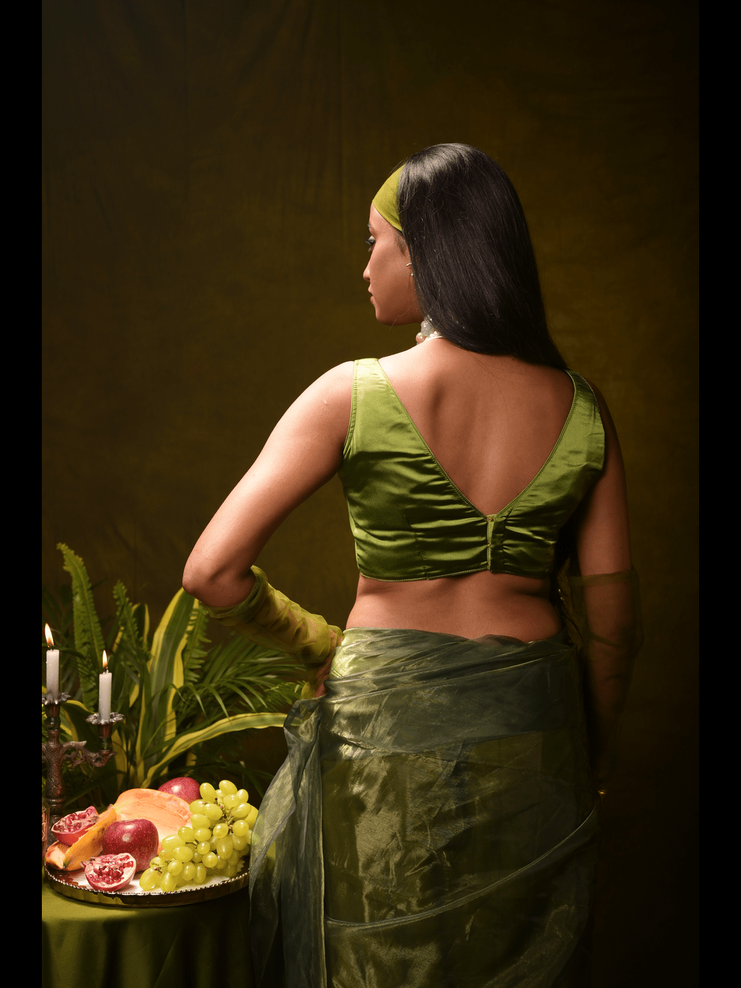 Sage Green Organza Tissue Saree with Ready to Wear Satin Silk Sleeveless Blouse Combo (Lush Mist & Dark mist)