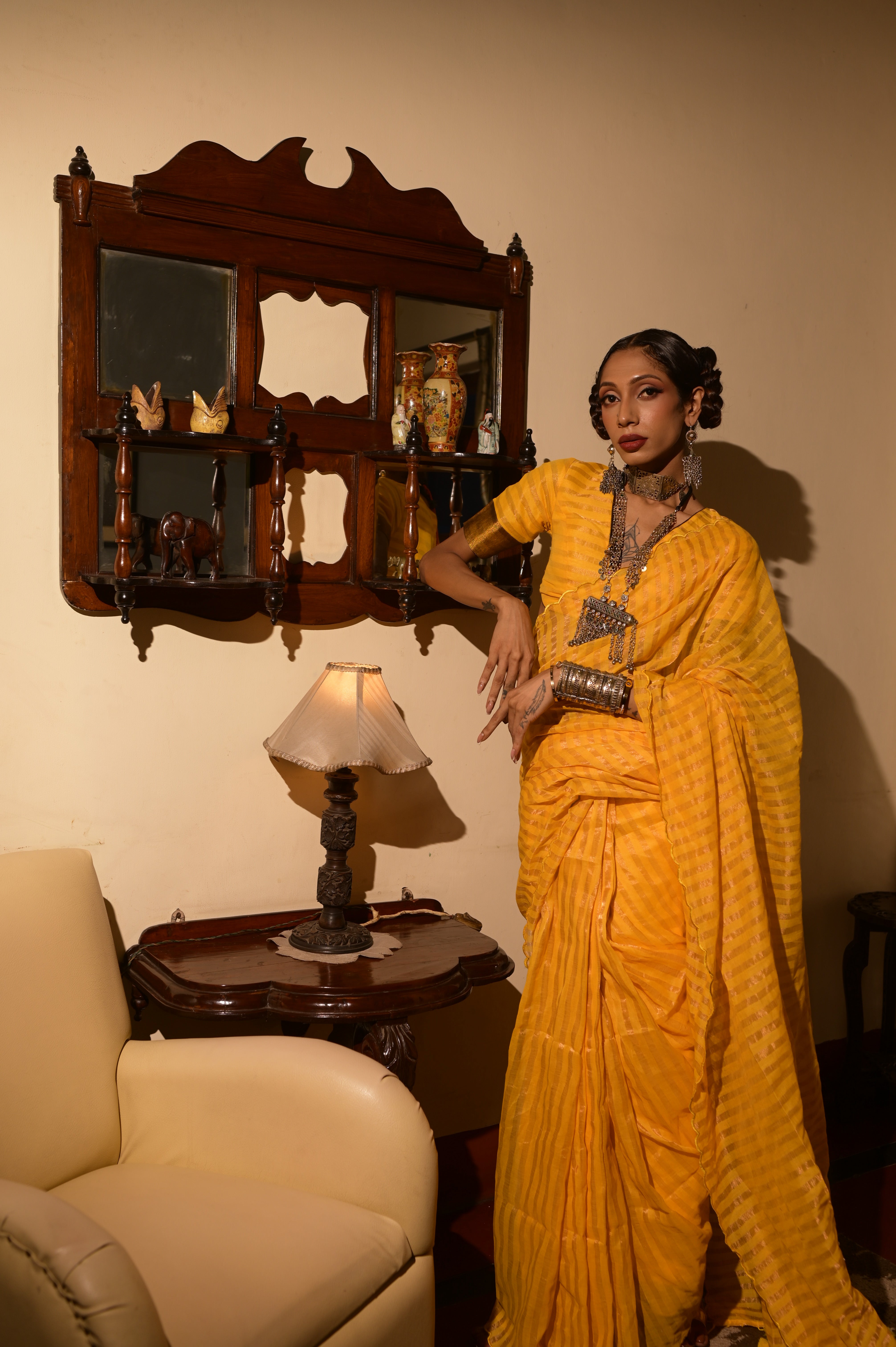 Veil of Secrets I Yellow Handloom Cotton Saree with Zari Stripes and Scalloped Border