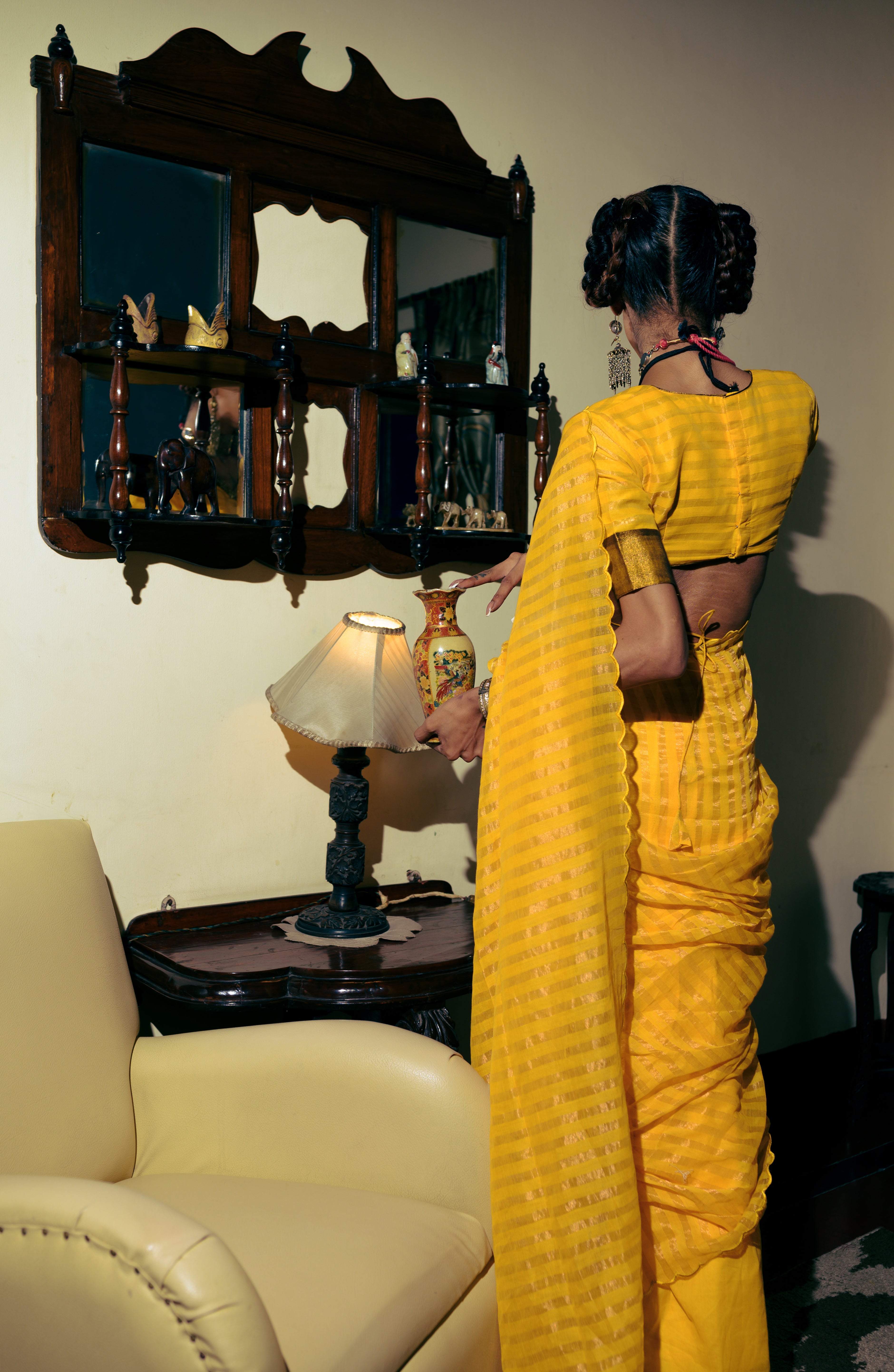 Veil of Secrets I Yellow Handloom Cotton Saree with Zari Stripes and Scalloped Border