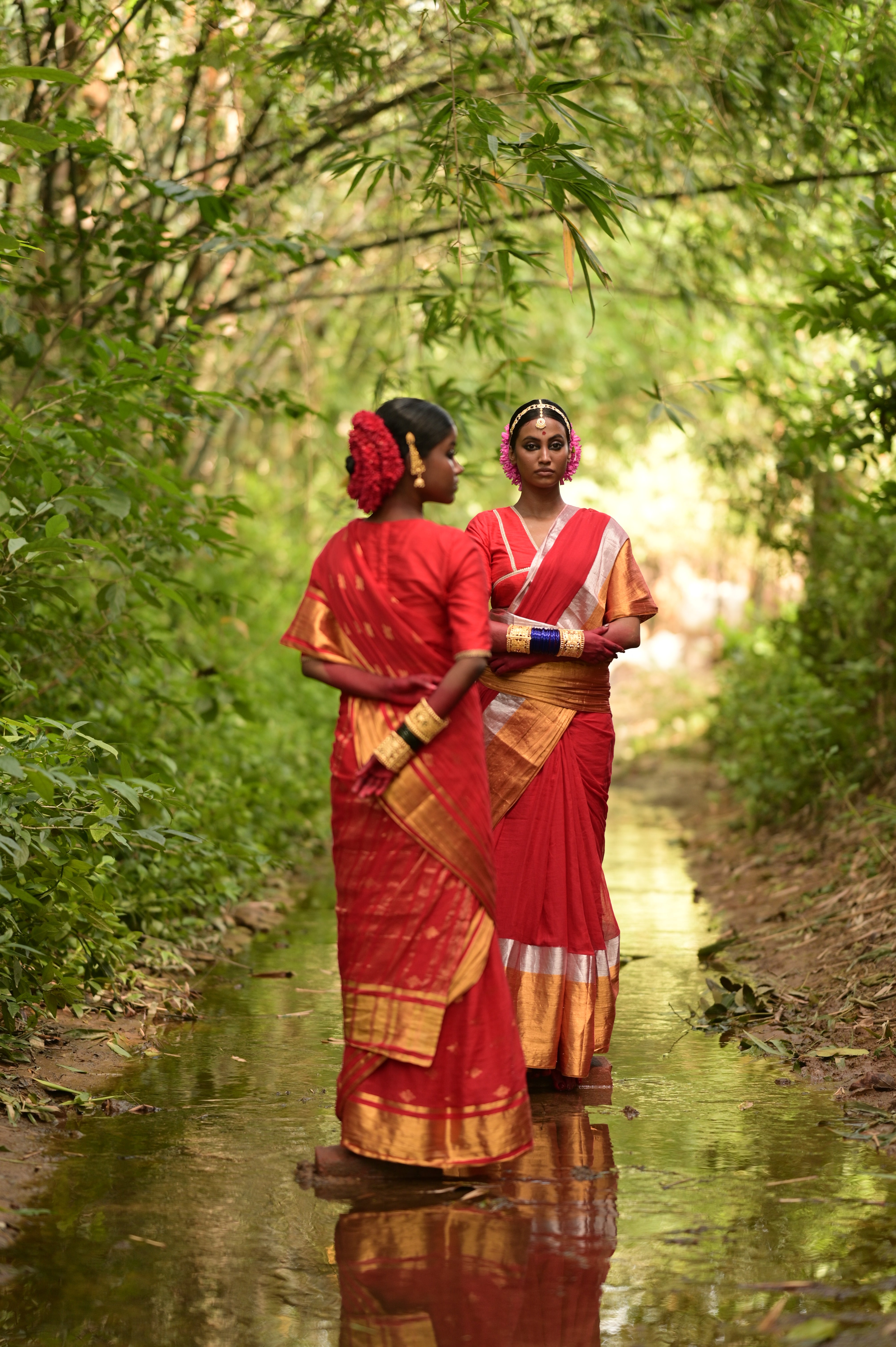 Angana I Red Handloom Cotton Saree With Silver and Golden Border