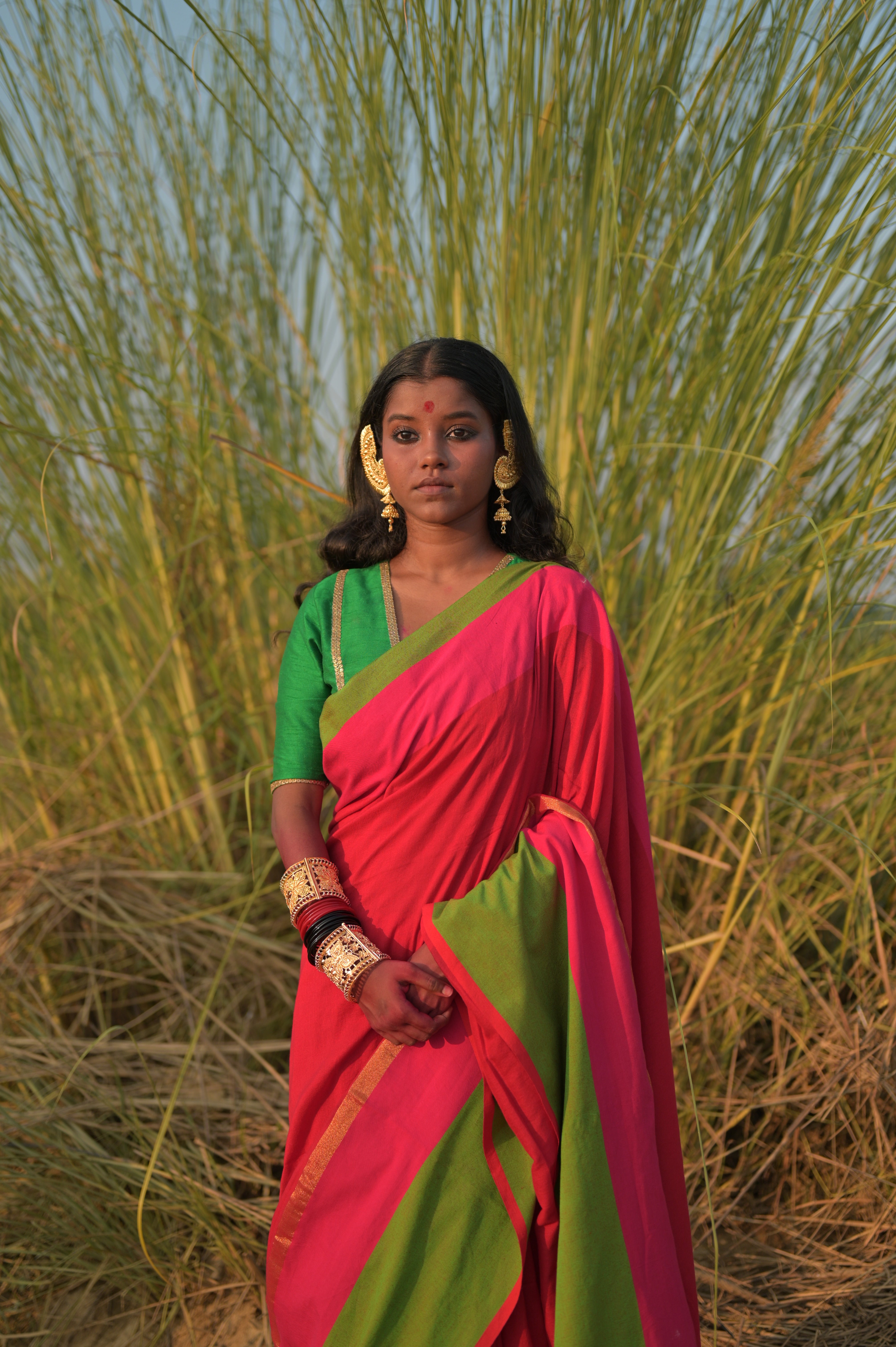 Kamini I Red Handloom Cotton Acrylic Saree With Green Border