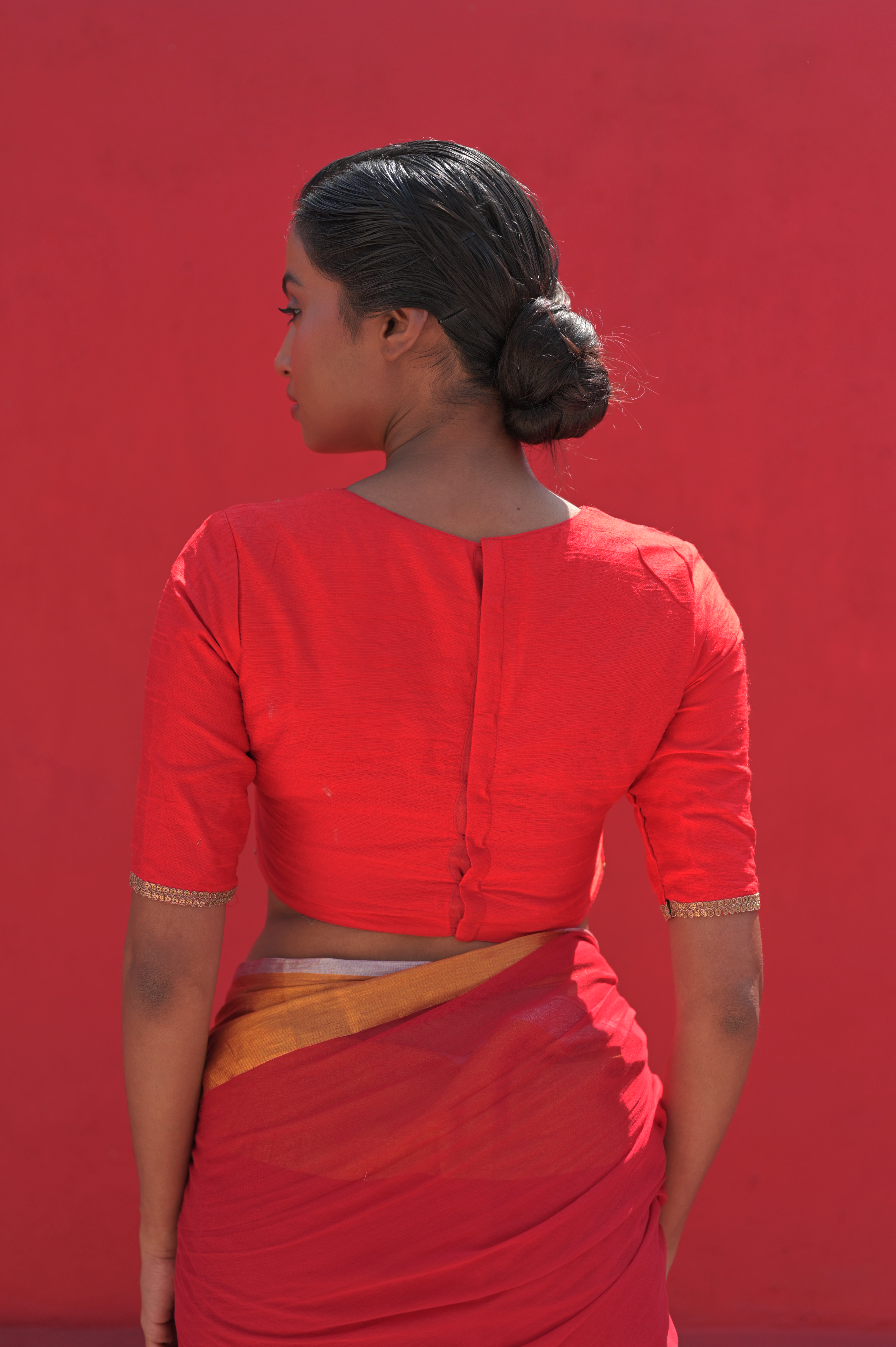 Sindoorika I Red Cotton Silk Blouse With Golden Zari Trim