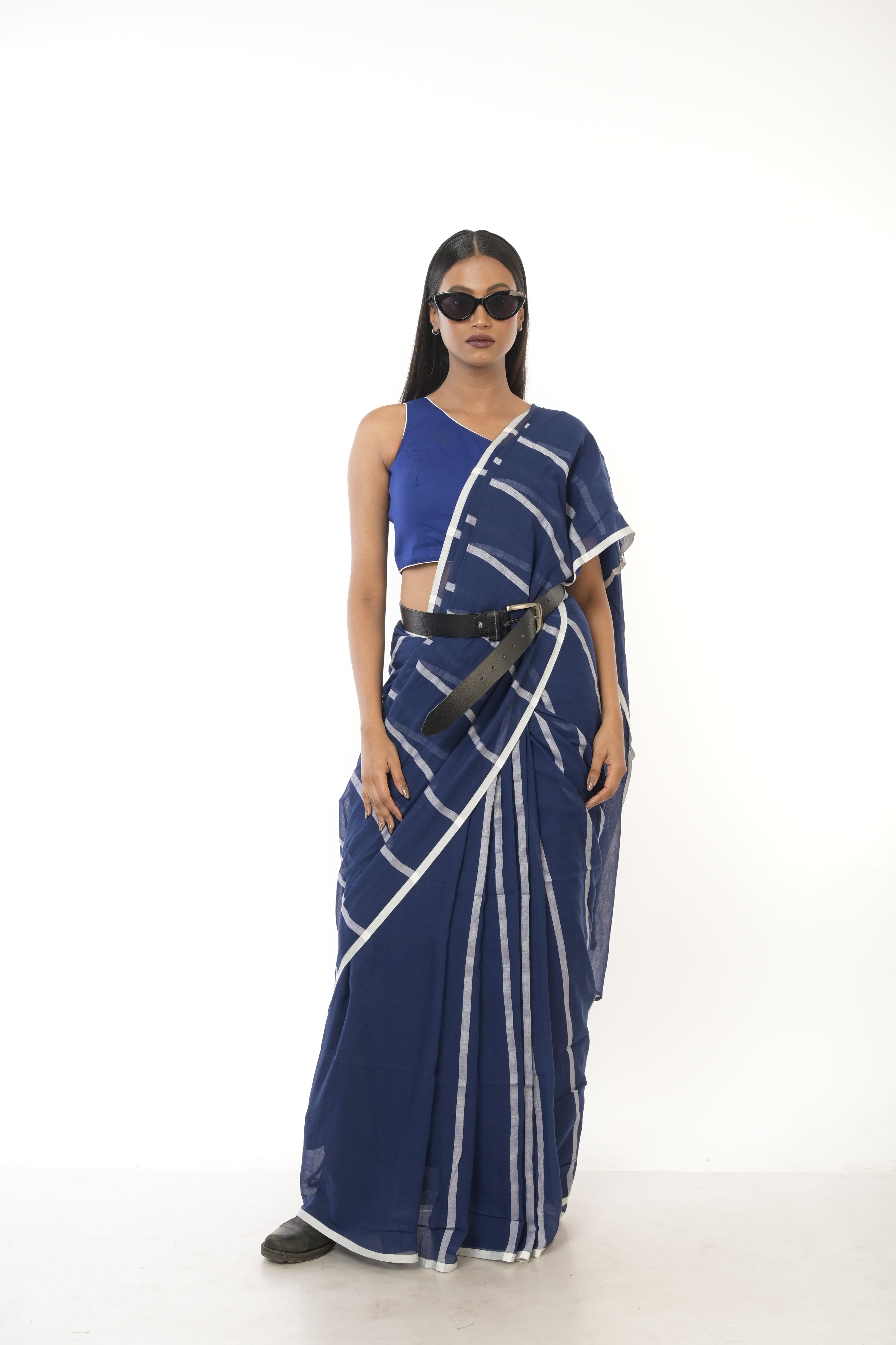 Ocean Whispers I Blue Handloom Cotton Saree with White Stripes