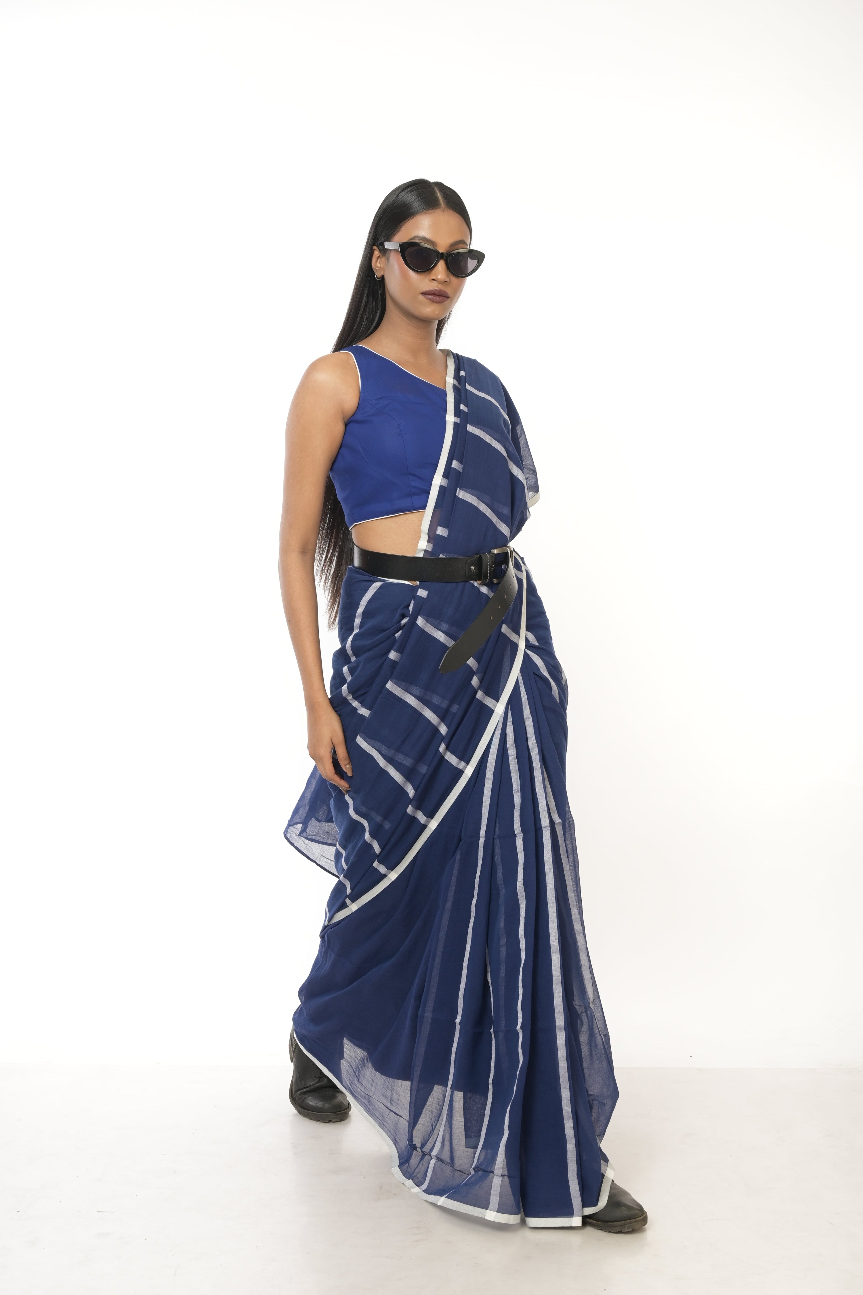 Ocean Whispers I Blue Handloom Cotton Saree with White Stripes