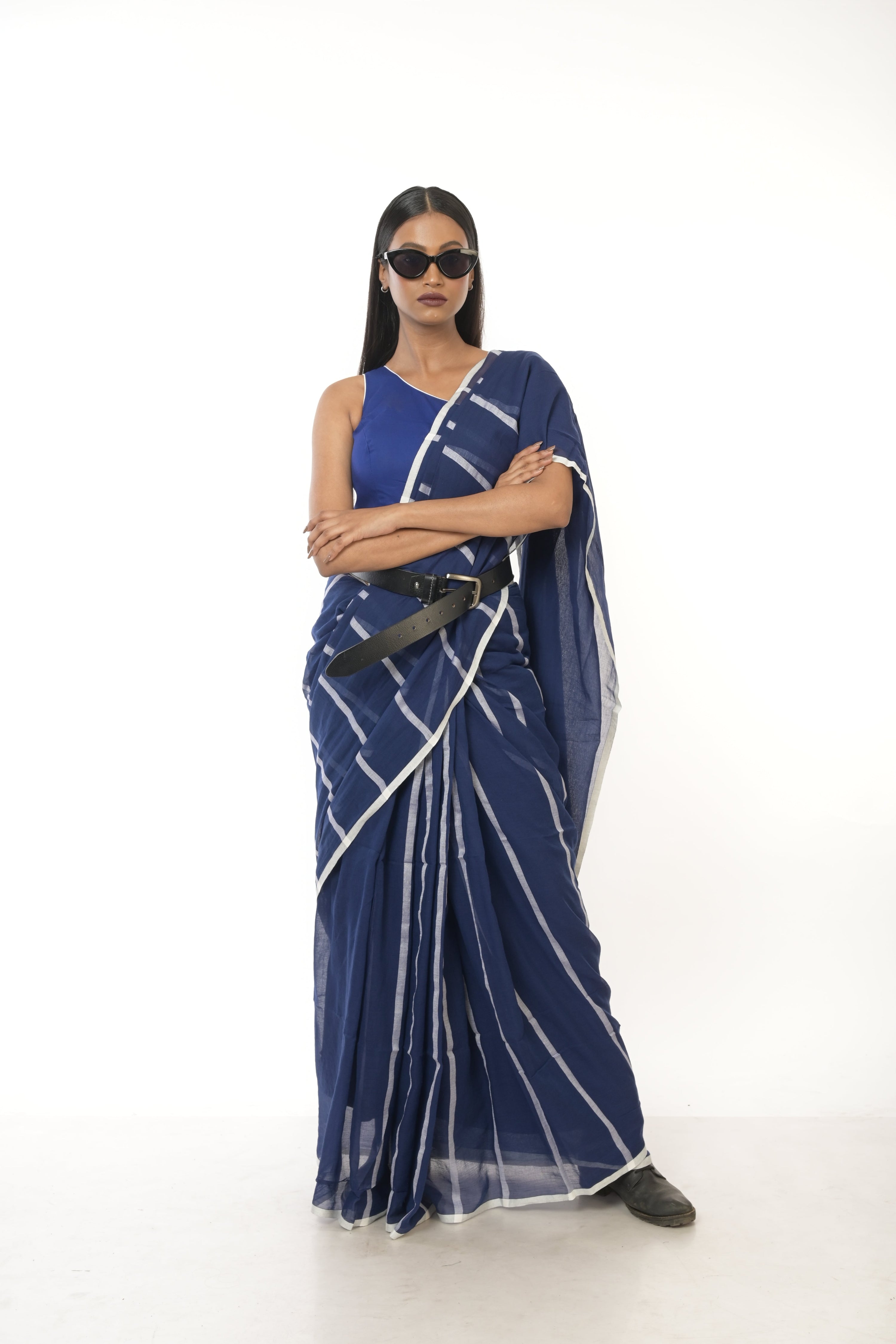 Ocean Whispers I Blue Handloom Cotton Saree with White Stripes