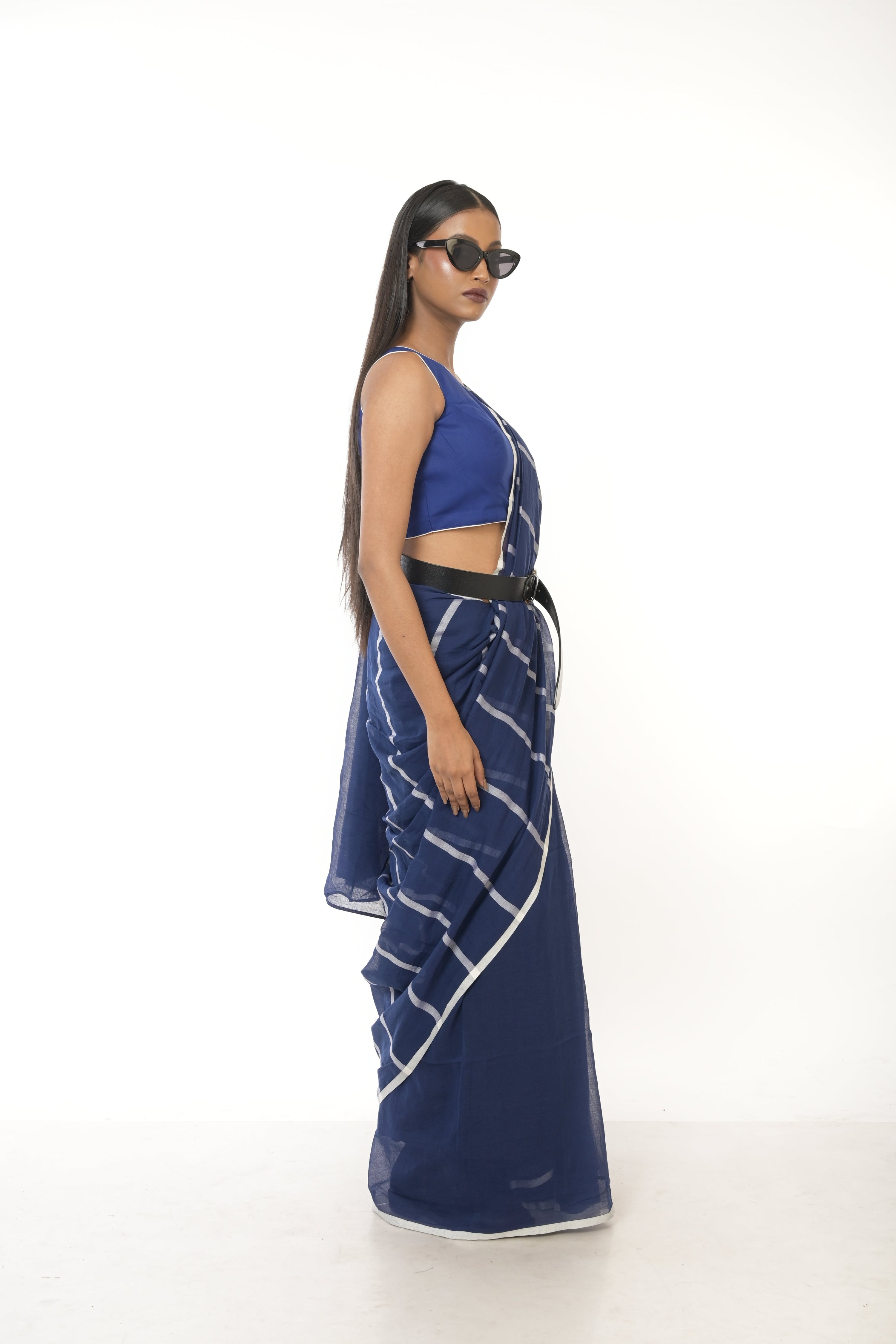 Ocean Whispers I Blue Handloom Cotton Saree with White Stripes