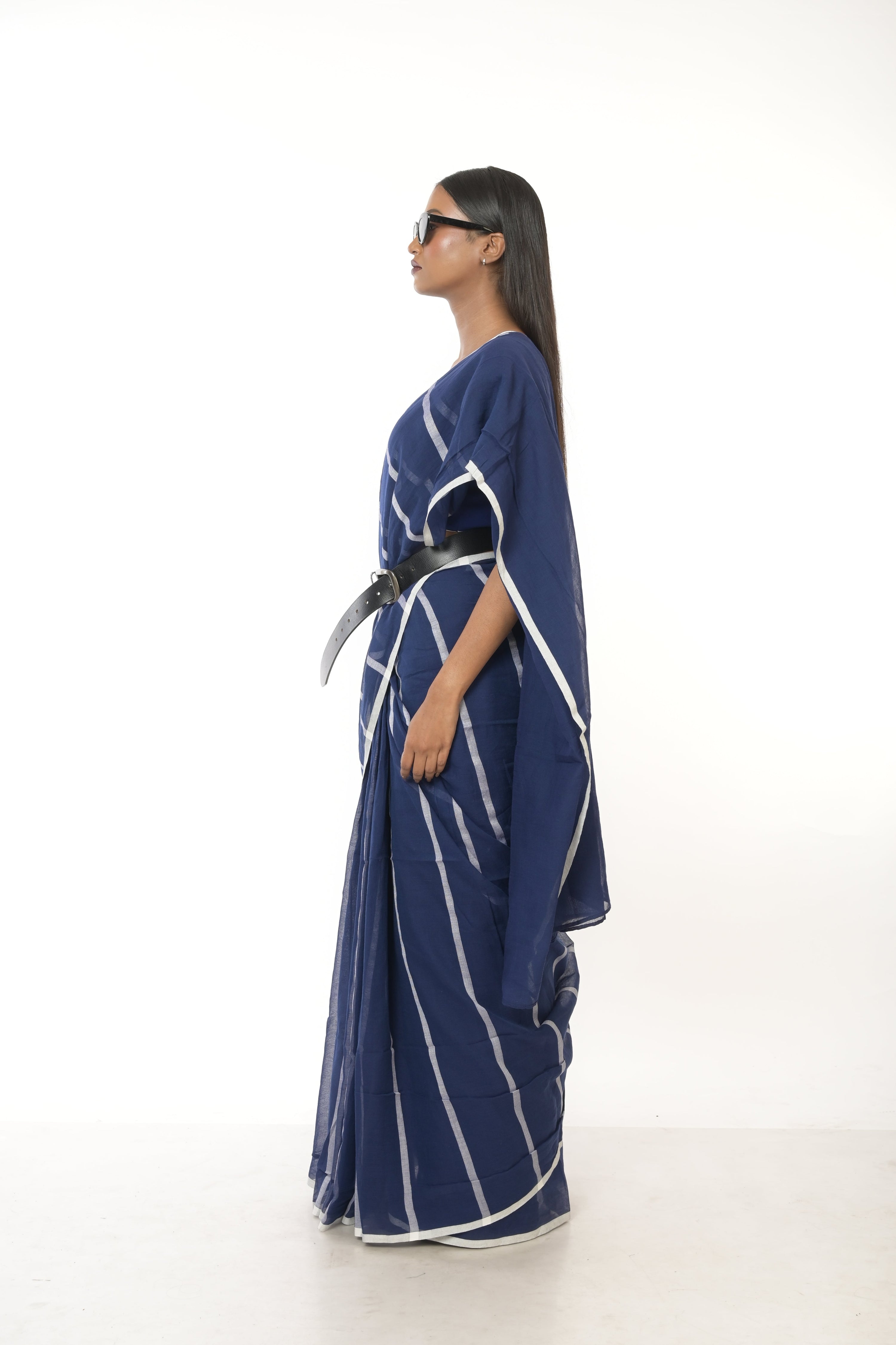 Ocean Whispers I Blue Handloom Cotton Saree with White Stripes