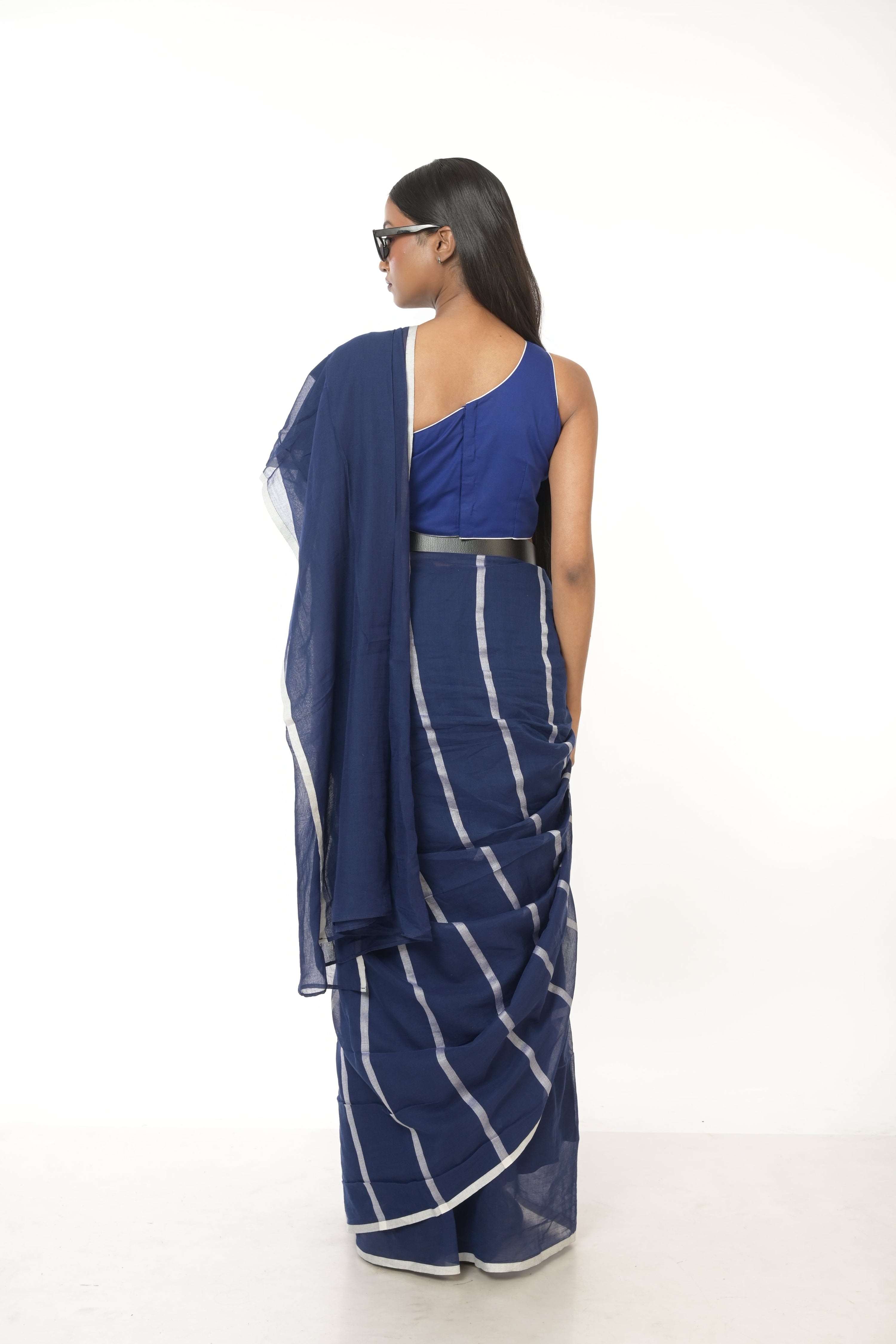 Ocean Whispers I Blue Handloom Cotton Saree with White Stripes