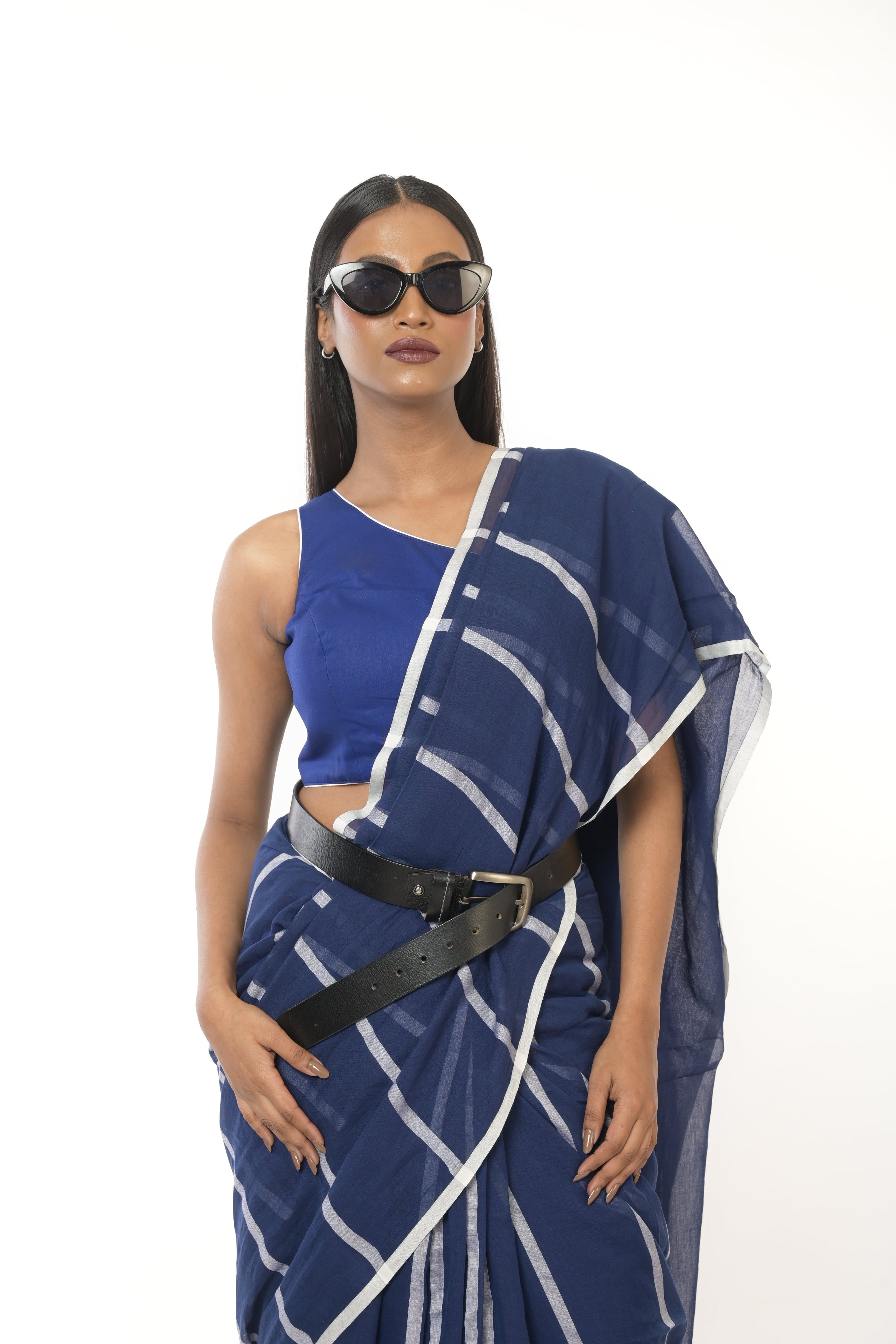 Ocean Whispers I Blue Handloom Cotton Saree with White Stripes