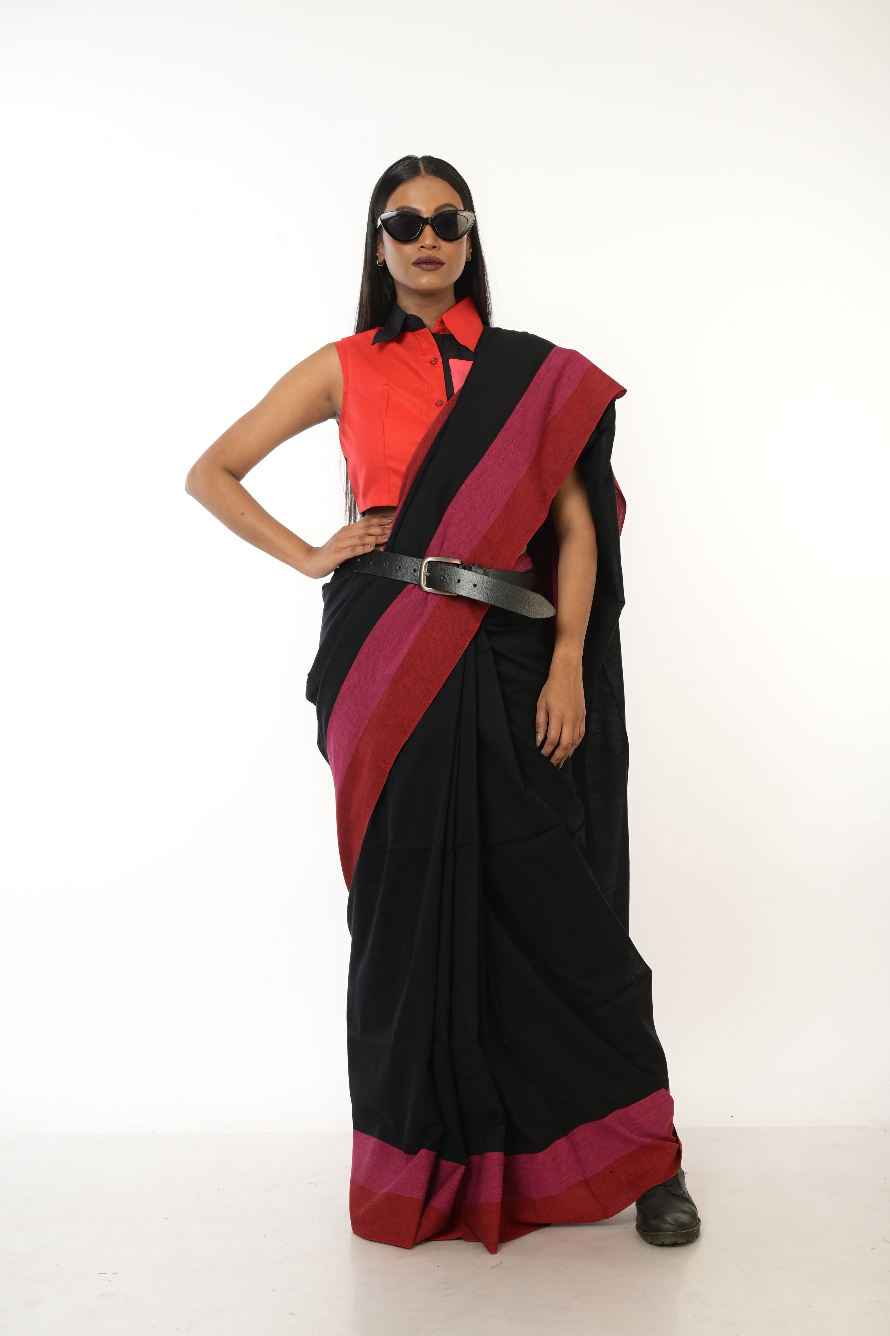 Eclipse Elegance I Black Handloom Acrylic Cotton Saree with Red and Pink Border