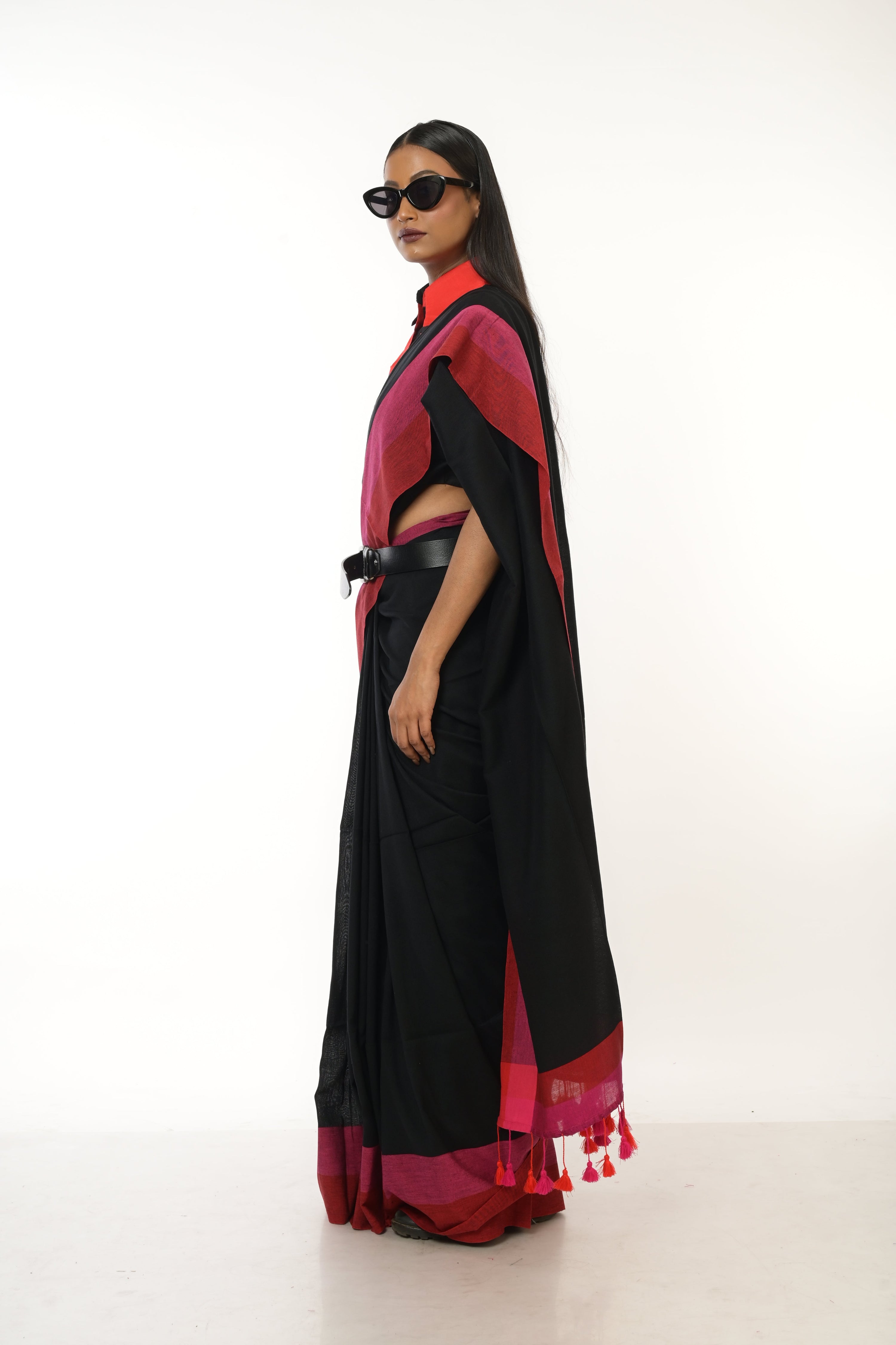 Eclipse Elegance I Black Handloom Acrylic Cotton Saree with Red and Pink Border