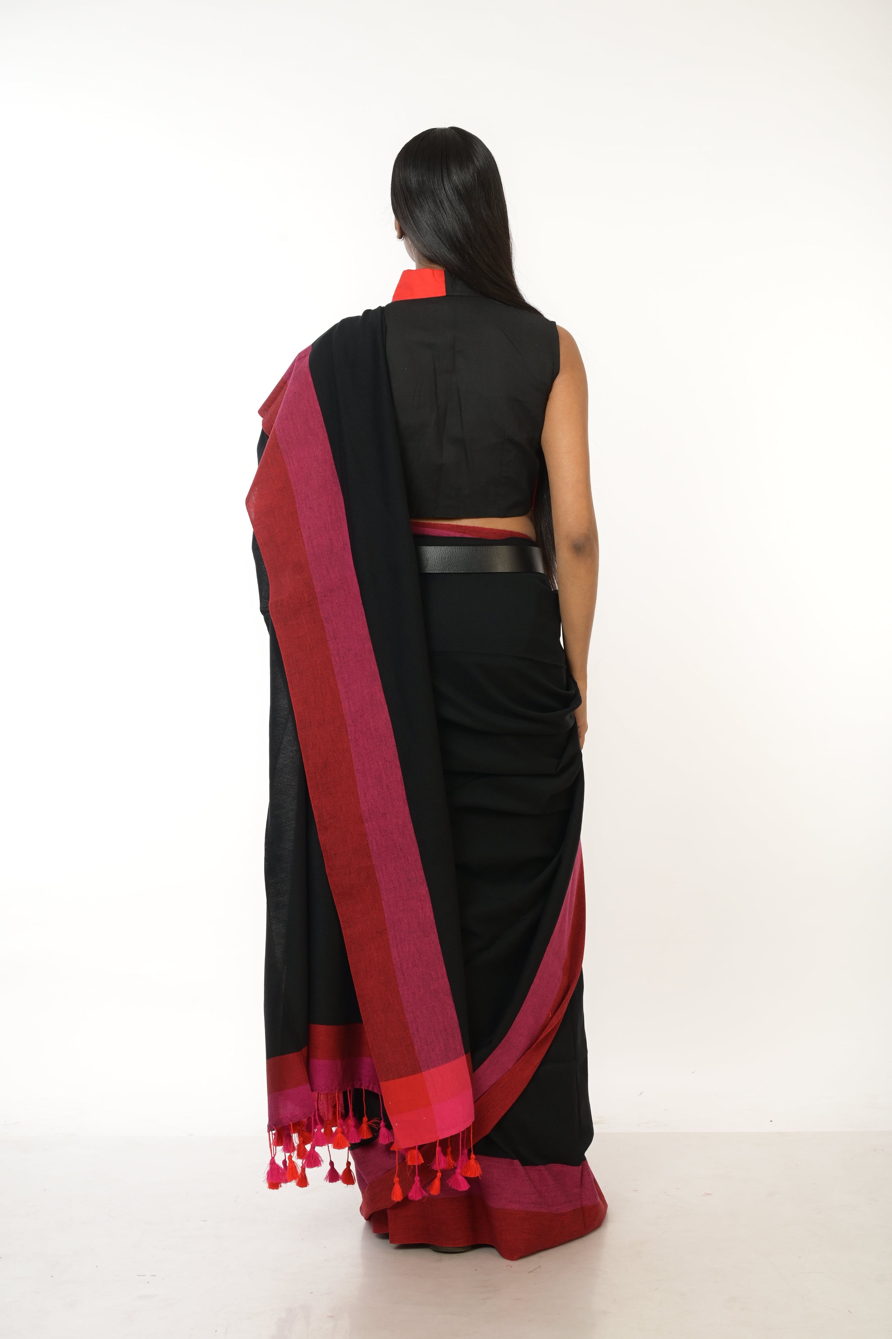 Eclipse Elegance I Black Handloom Acrylic Cotton Saree with Red and Pink Border