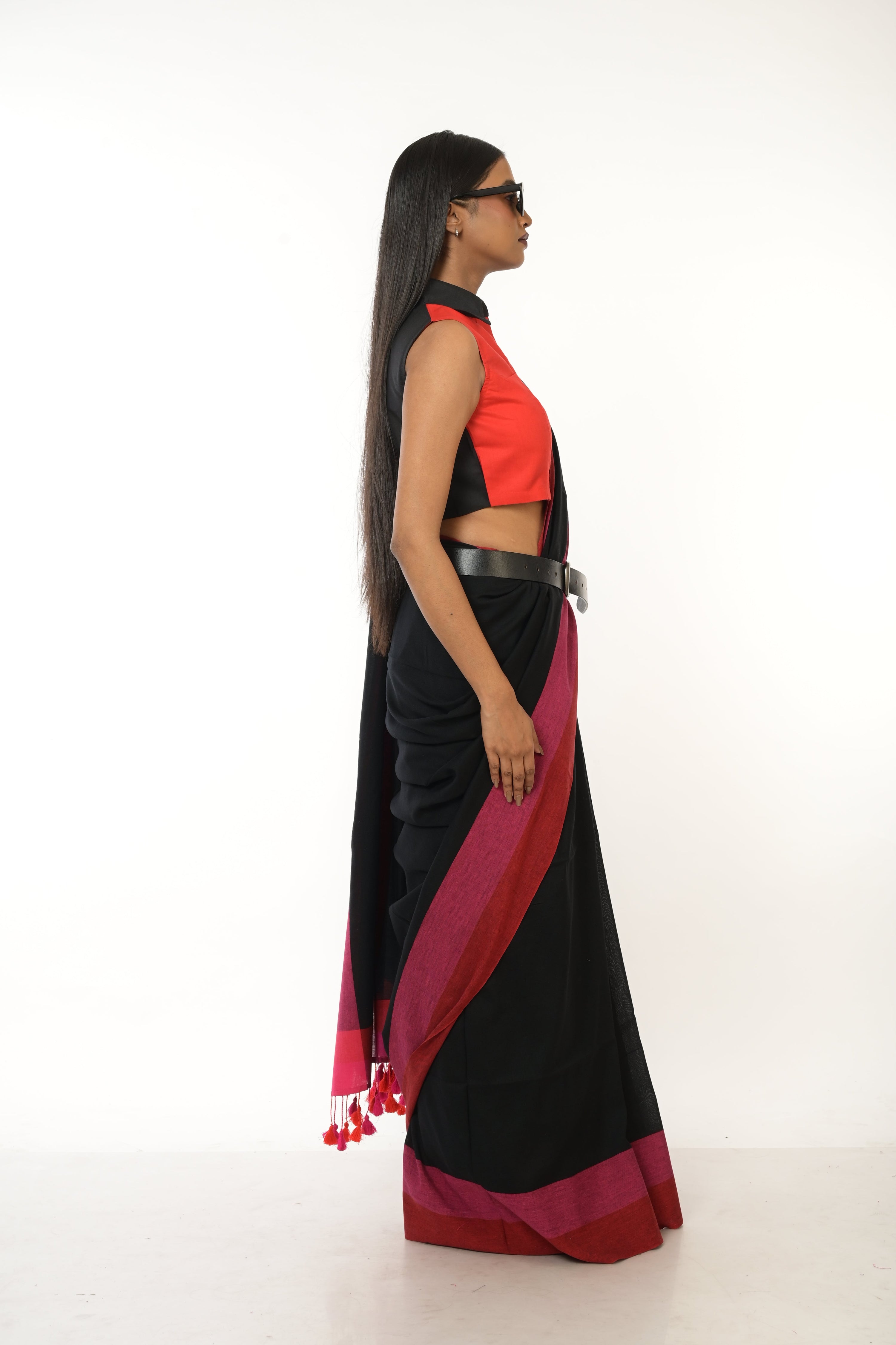 Eclipse Elegance I Black Handloom Acrylic Cotton Saree with Red and Pink Border