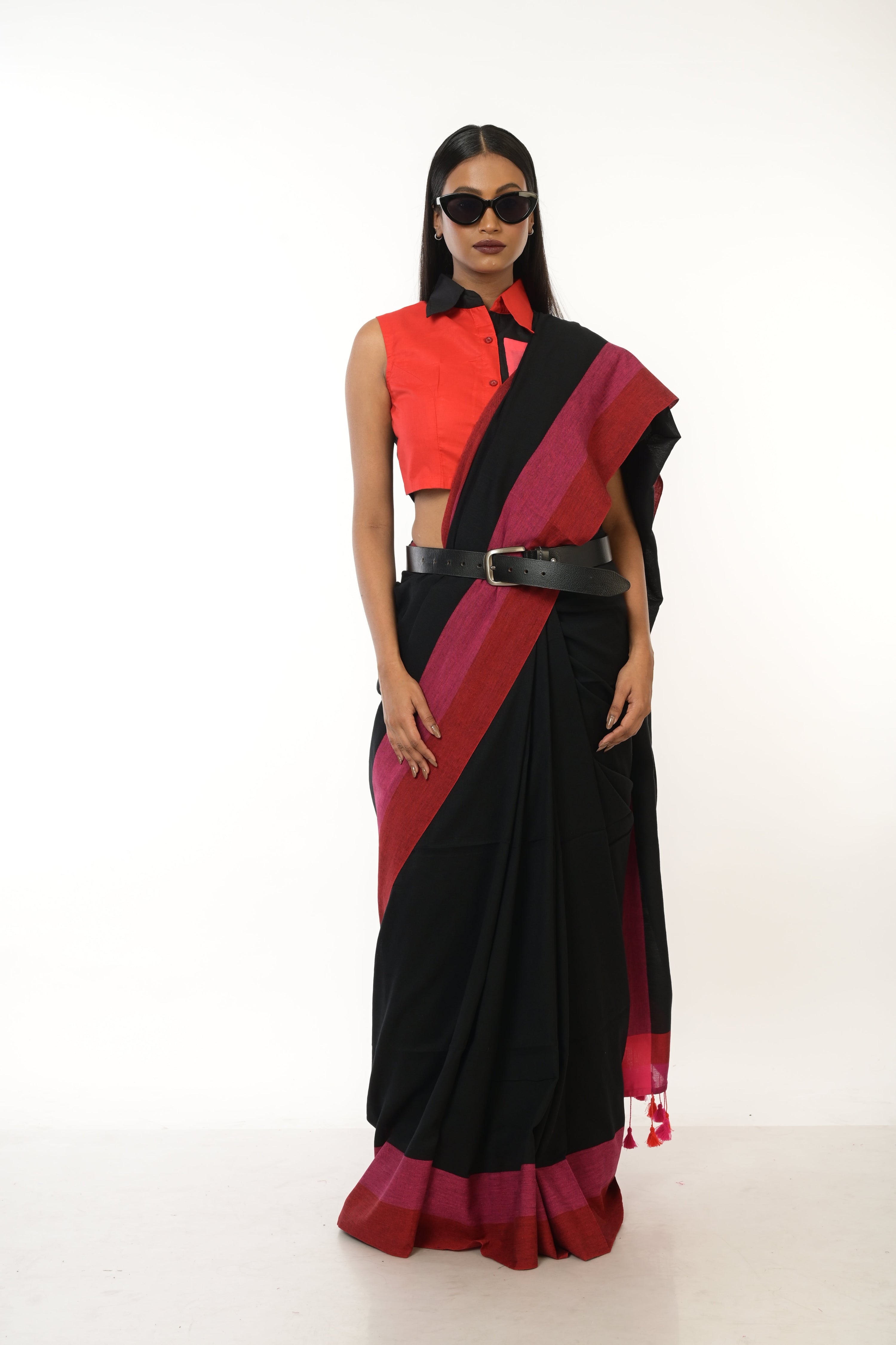 Eclipse Elegance I Black Handloom Acrylic Cotton Saree with Red and Pink Border