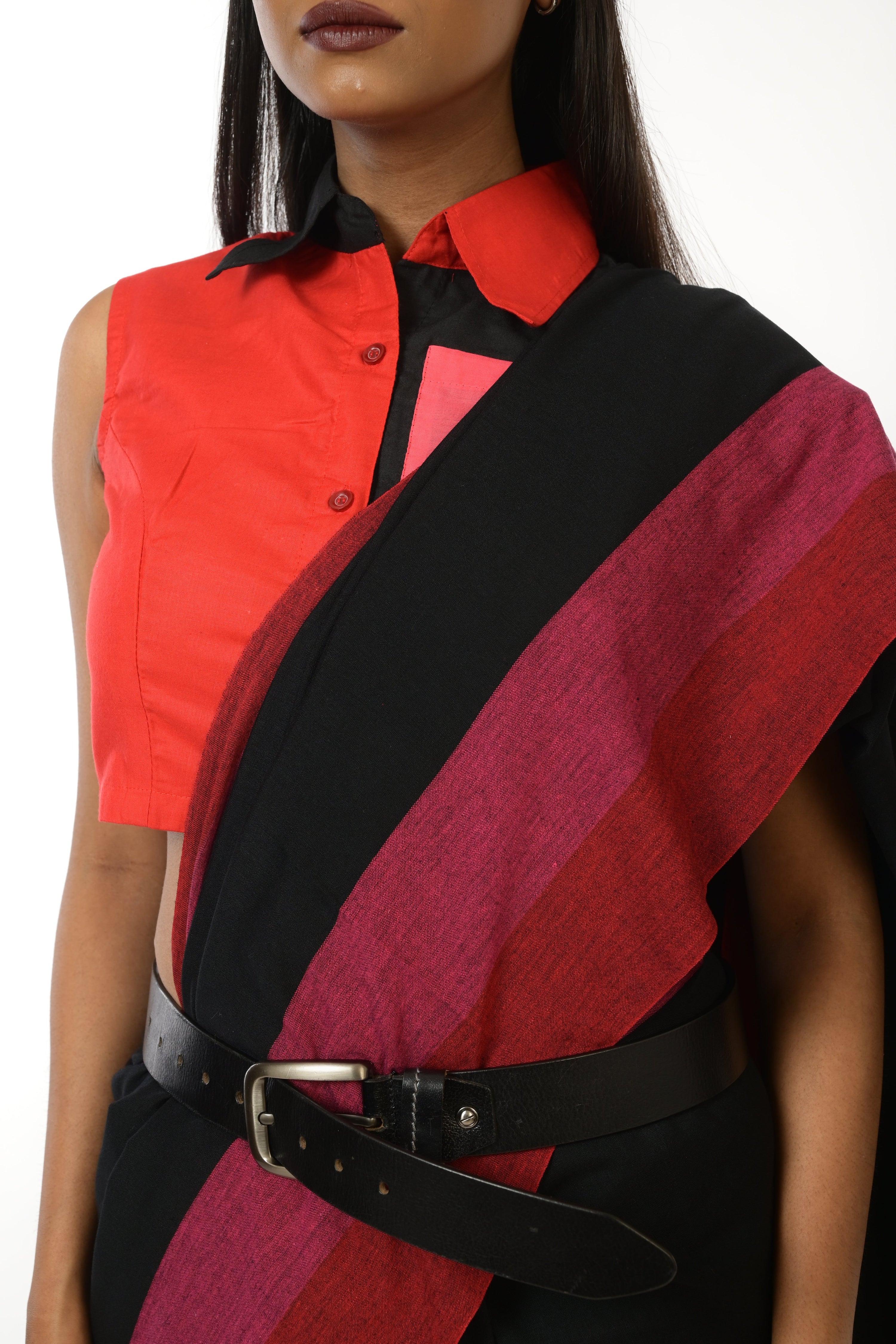 Eclipse Elegance I Black Handloom Acrylic Cotton Saree with Red and Pink Border