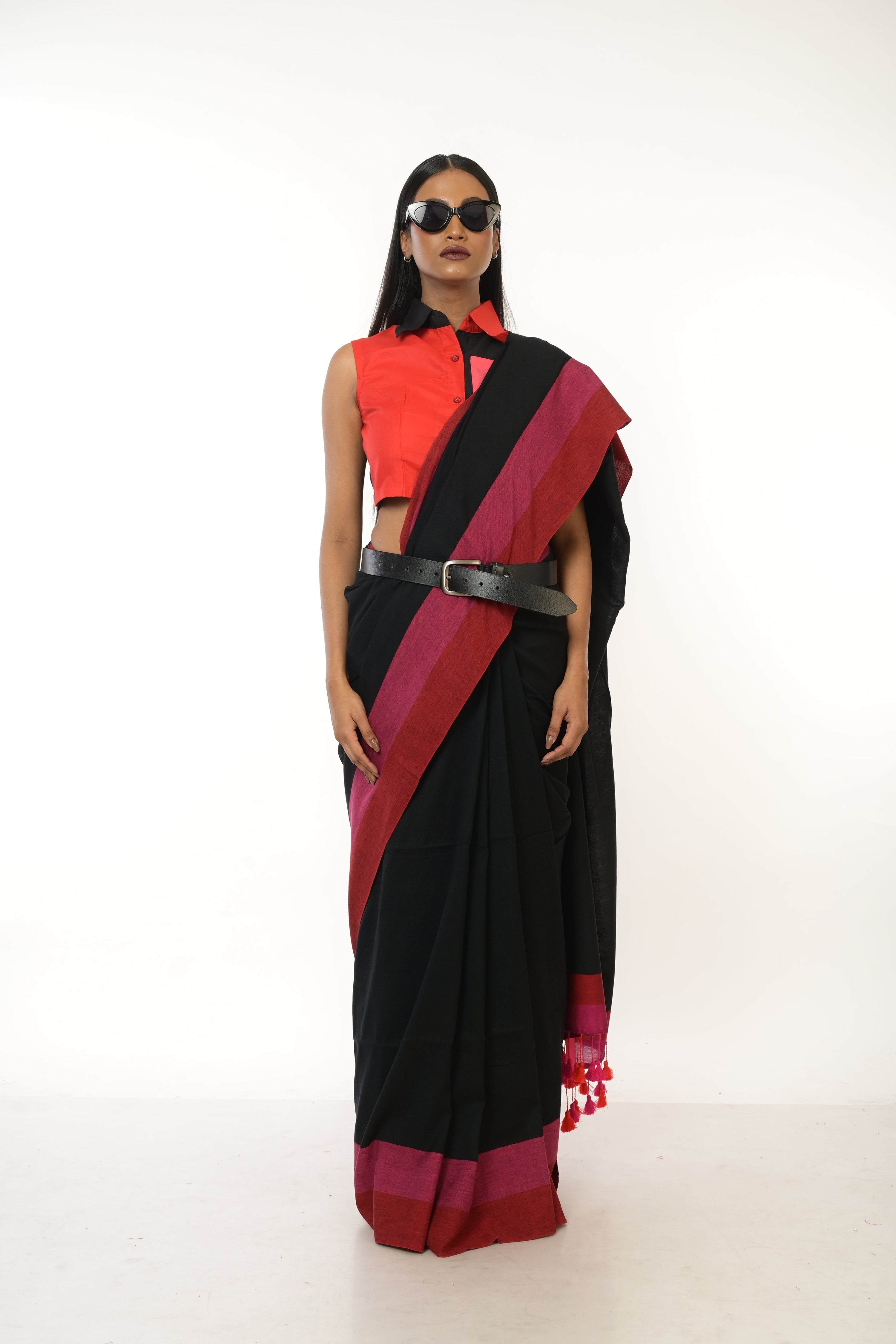 Eclipse Elegance I Black Handloom Acrylic Cotton Saree with Red and Pink Border