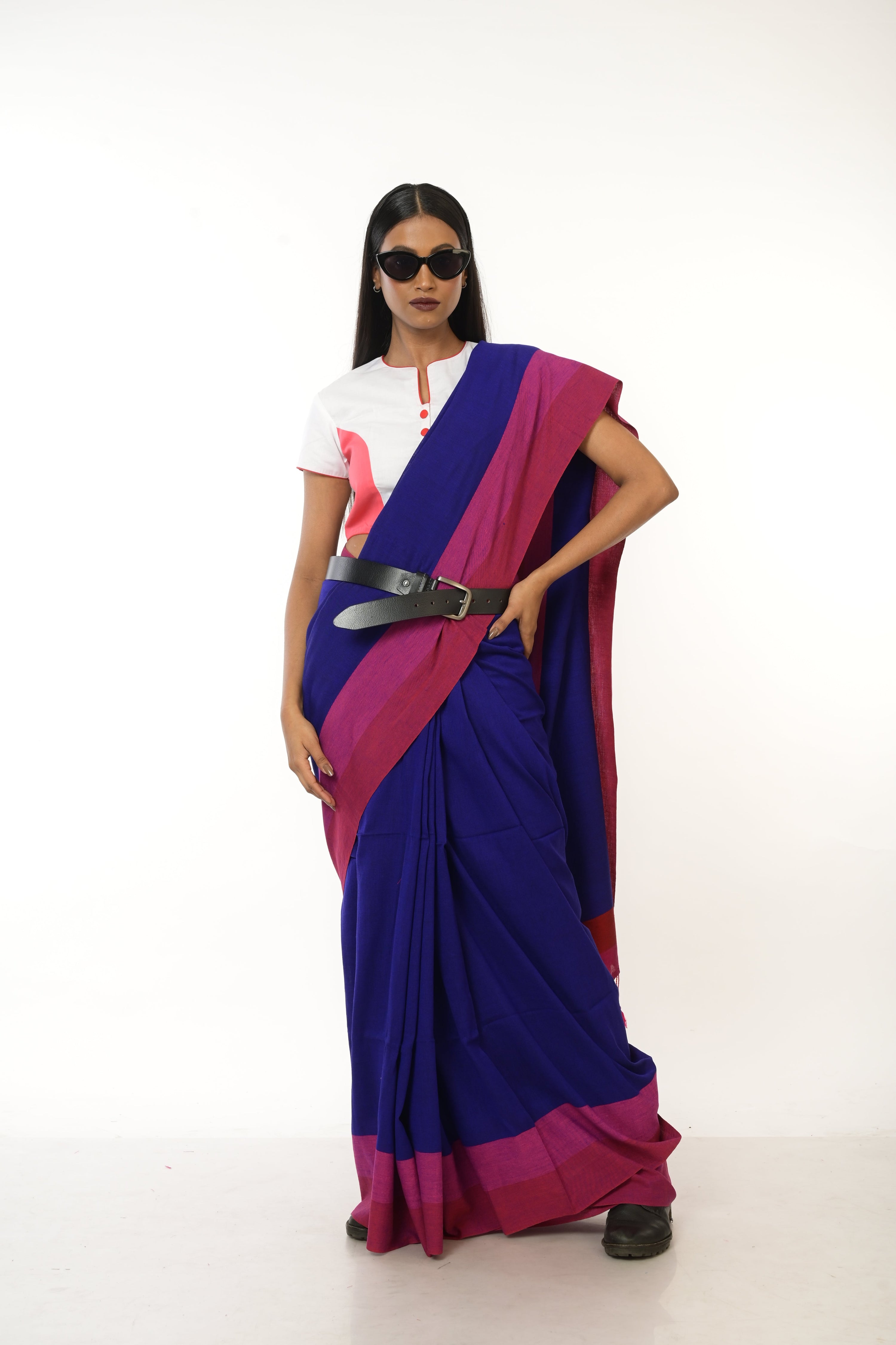 Cobalt Charm I Blue Handloom Acrylic Cotton Saree with Red and Pink Border