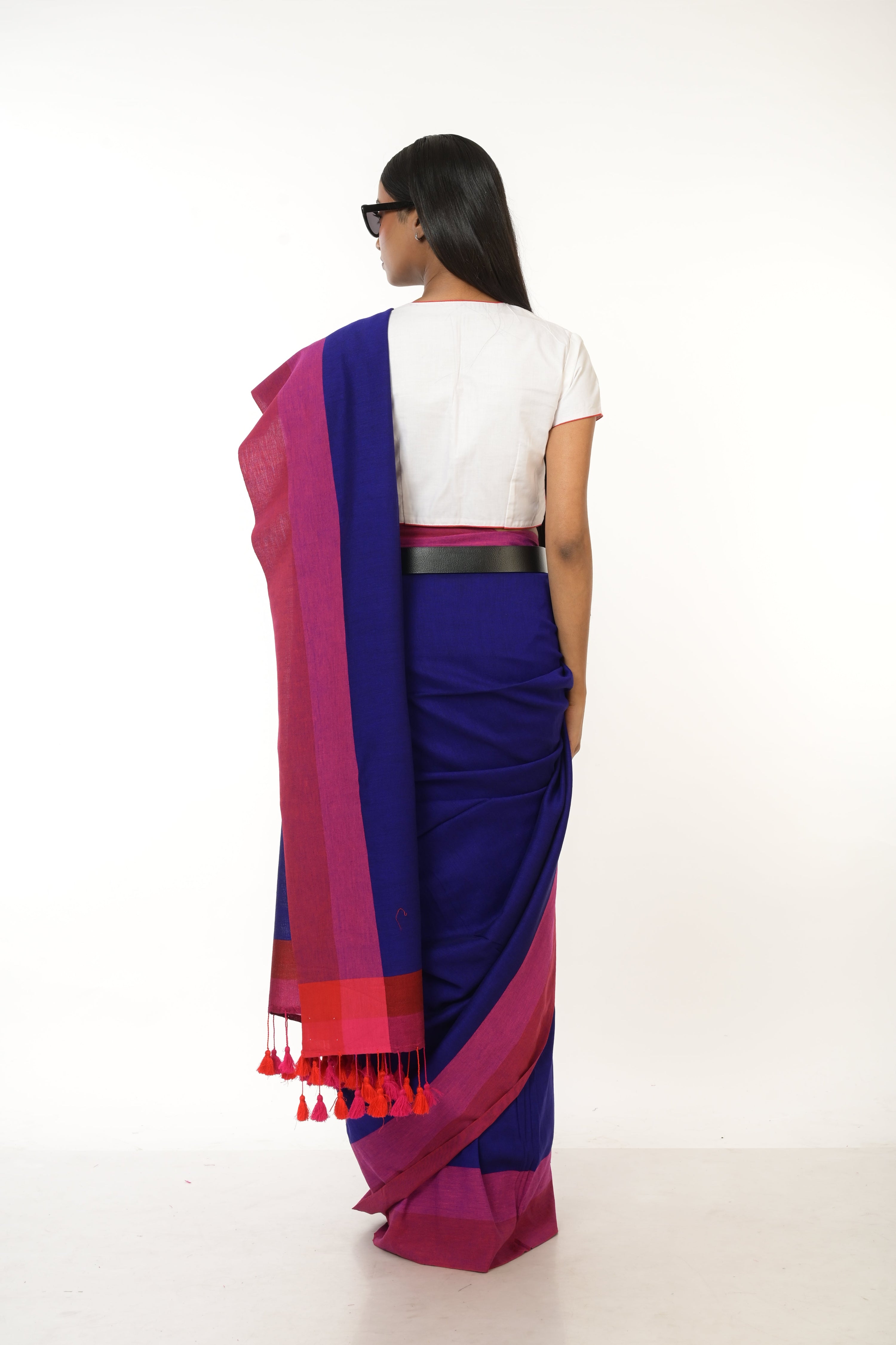 Cobalt Charm I Blue Handloom Acrylic Cotton Saree with Red and Pink Border