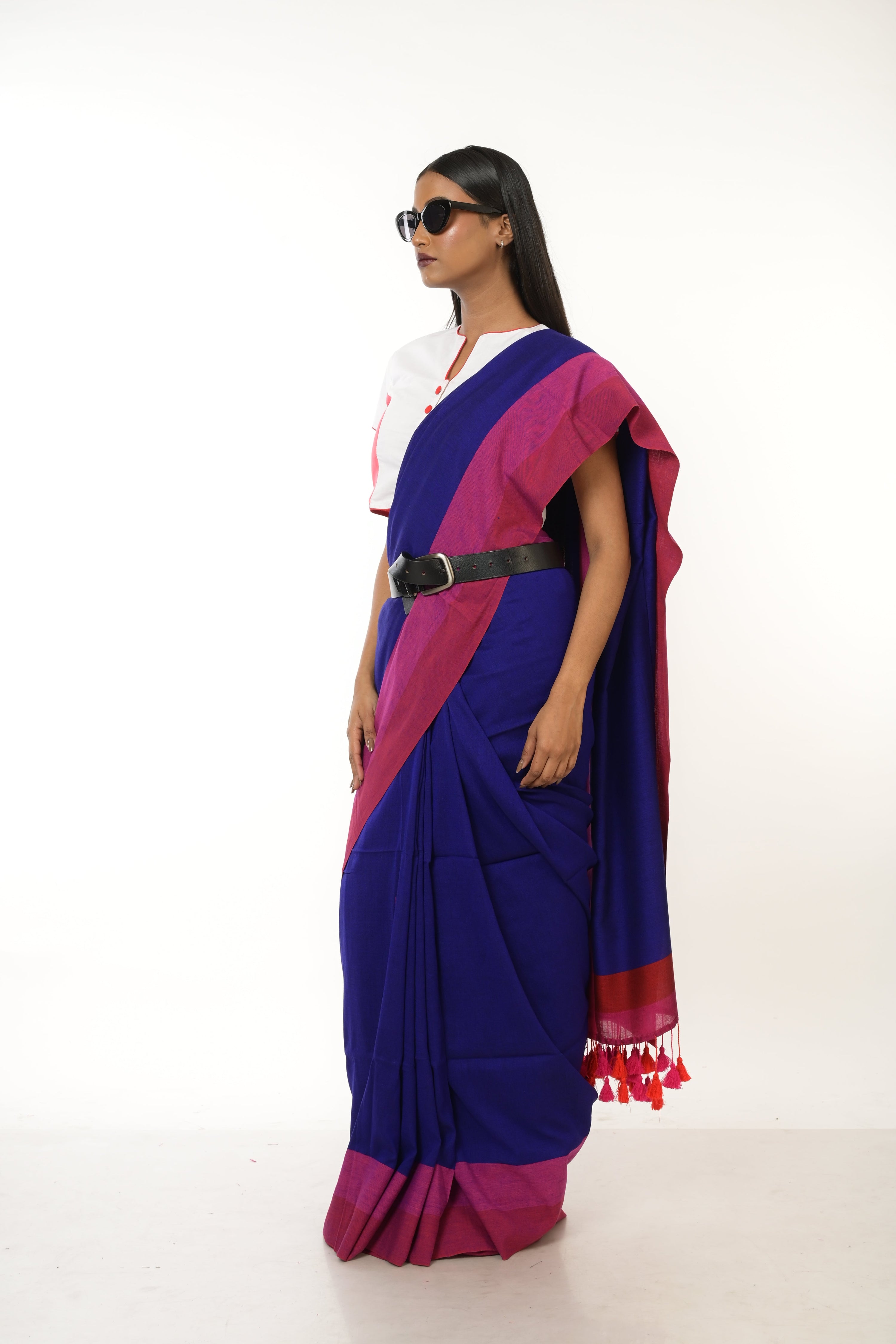 Cobalt Charm I Blue Handloom Acrylic Cotton Saree with Red and Pink Border