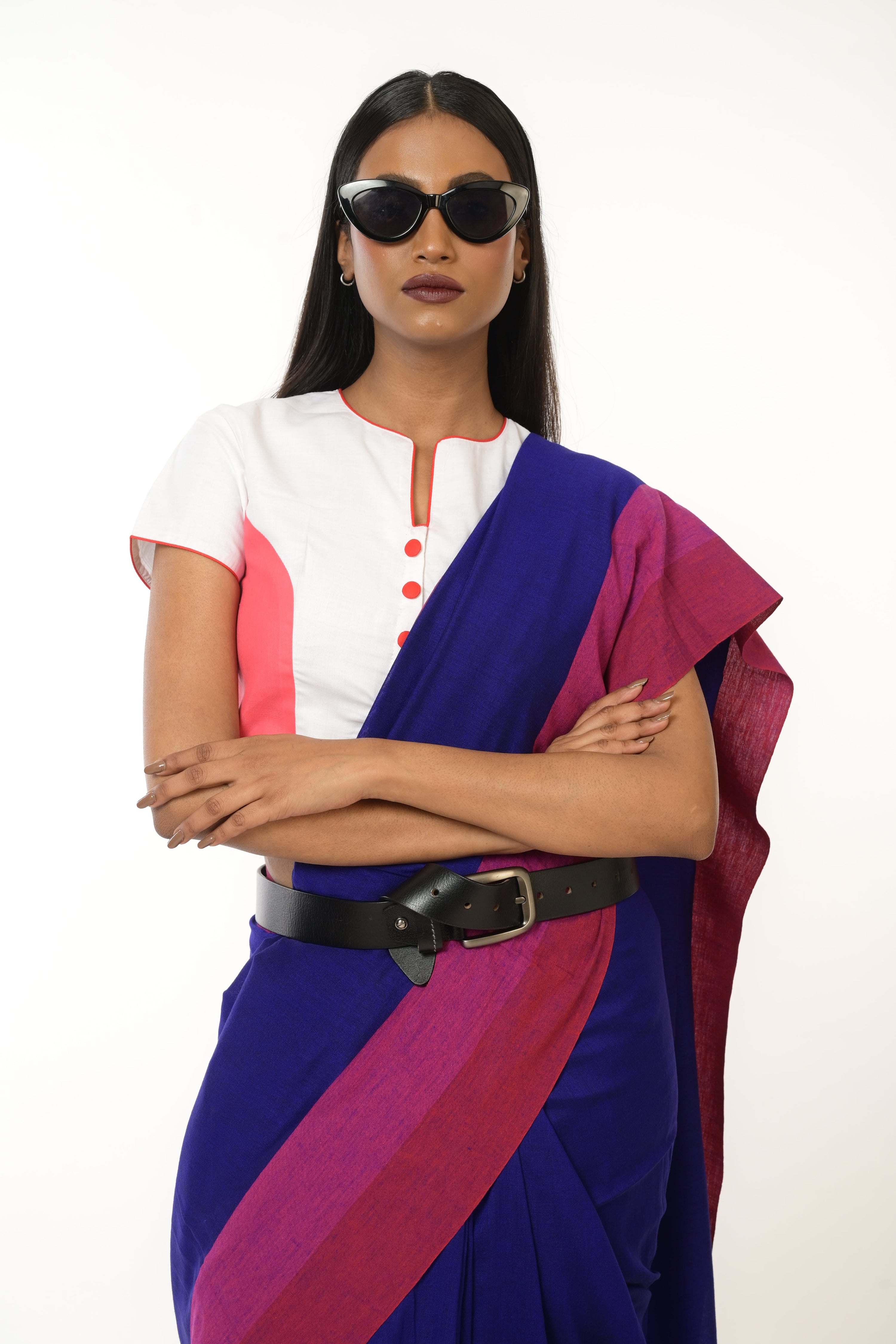 Cobalt Charm I Blue Handloom Acrylic Cotton Saree with Red and Pink Border