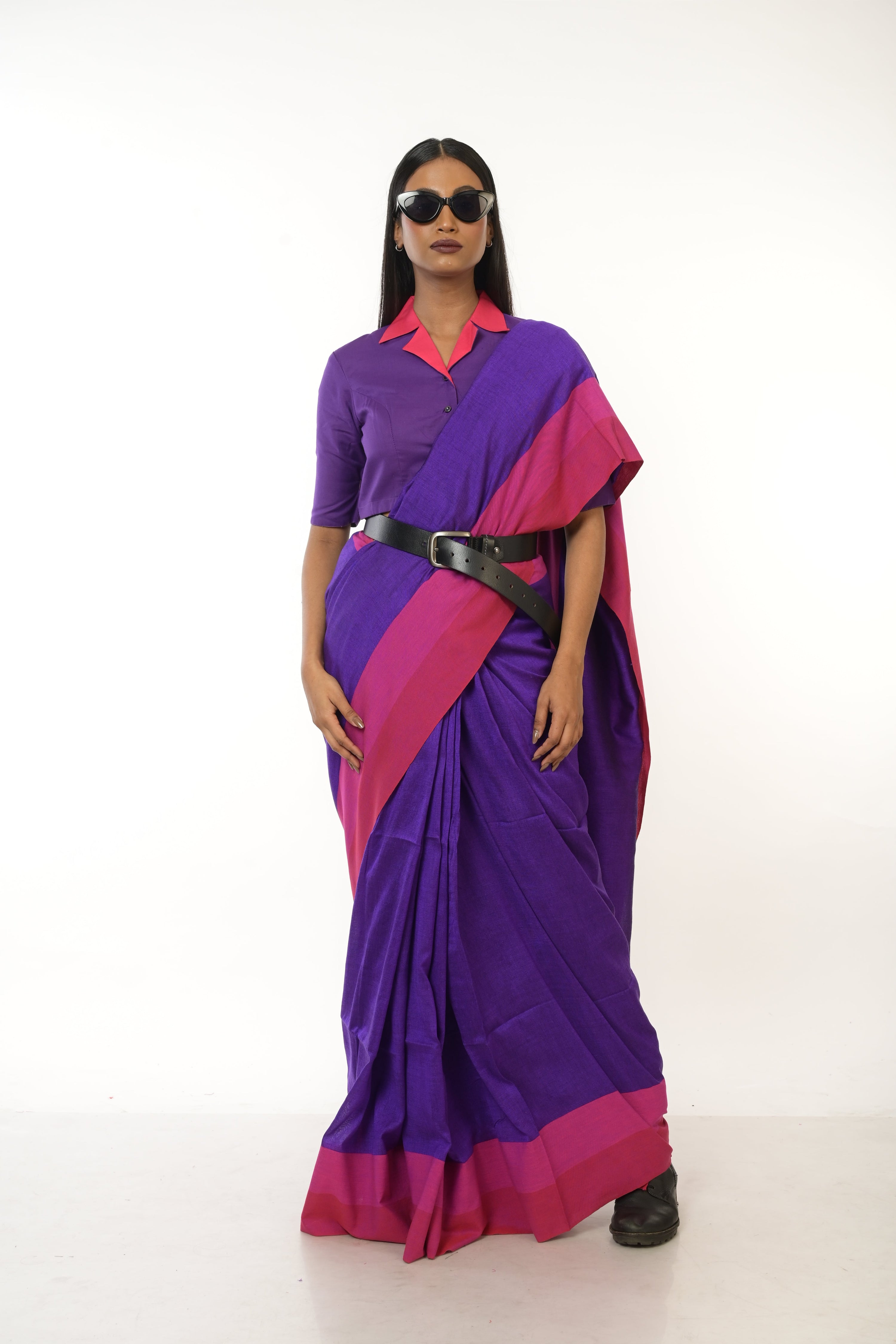 Royal Plum I Purple Handloom Acrylic Cotton Saree with Red and Pink Border