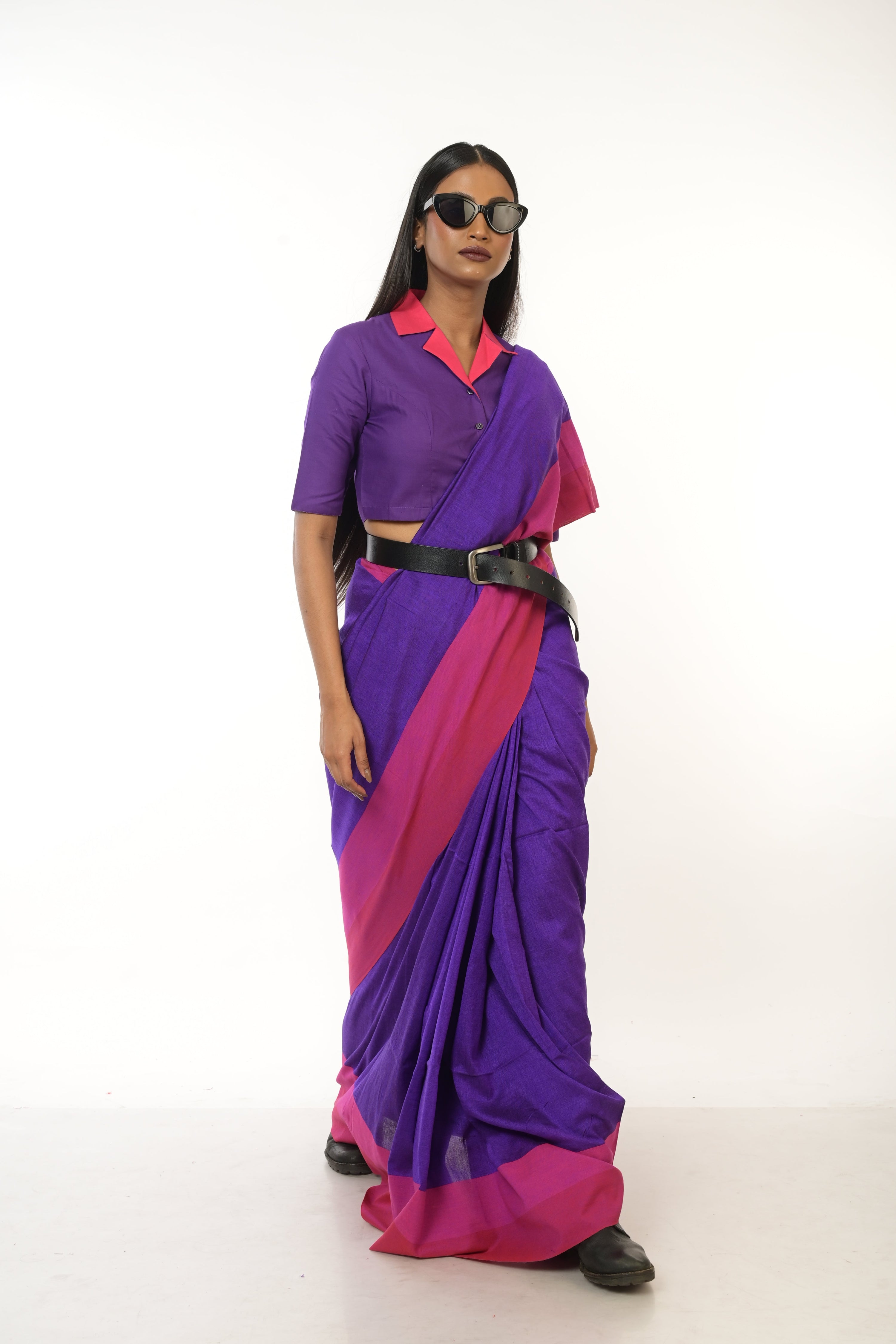 Royal Plum I Purple Handloom Acrylic Cotton Saree with Red and Pink Border