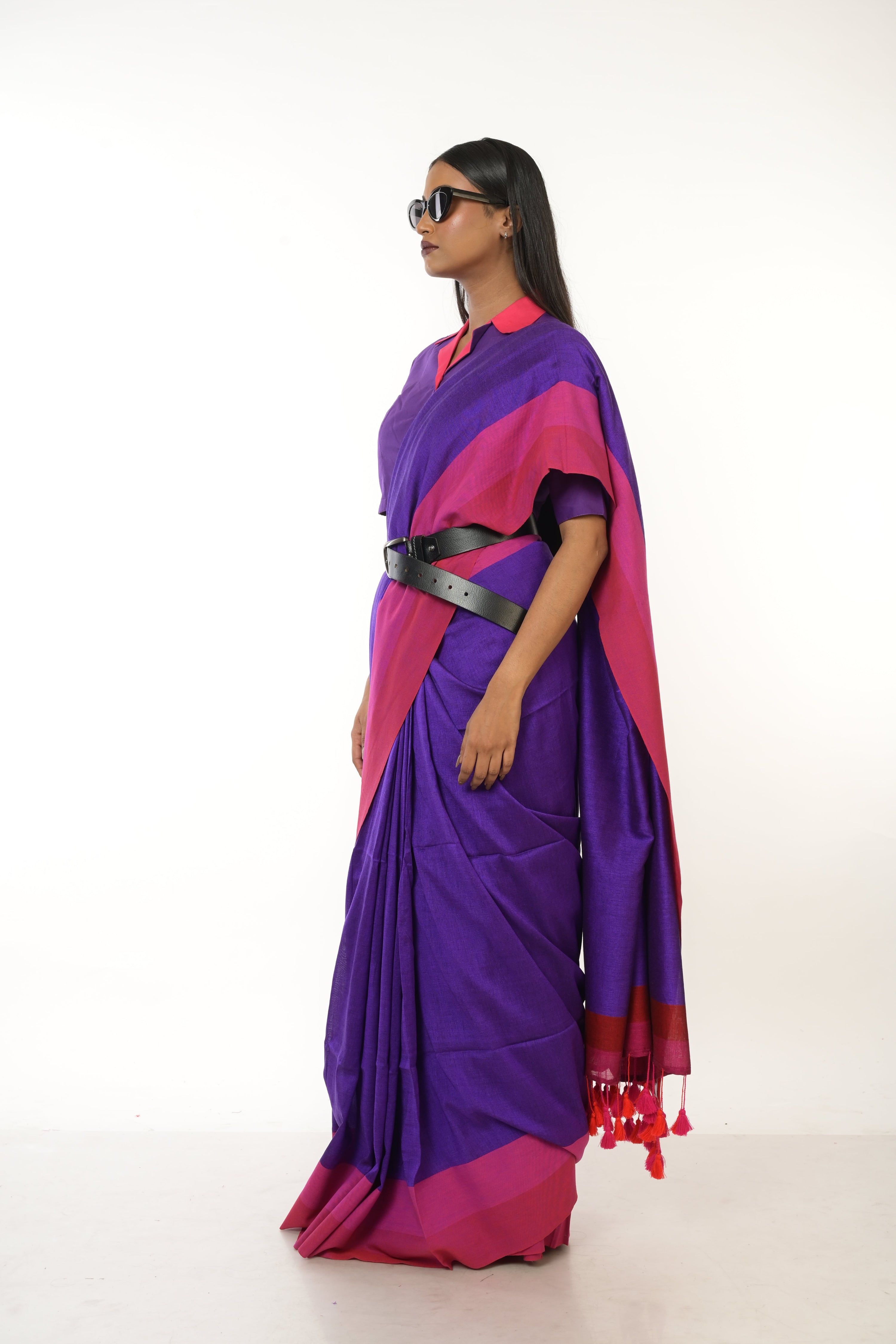 Royal Plum I Purple Handloom Acrylic Cotton Saree with Red and Pink Border