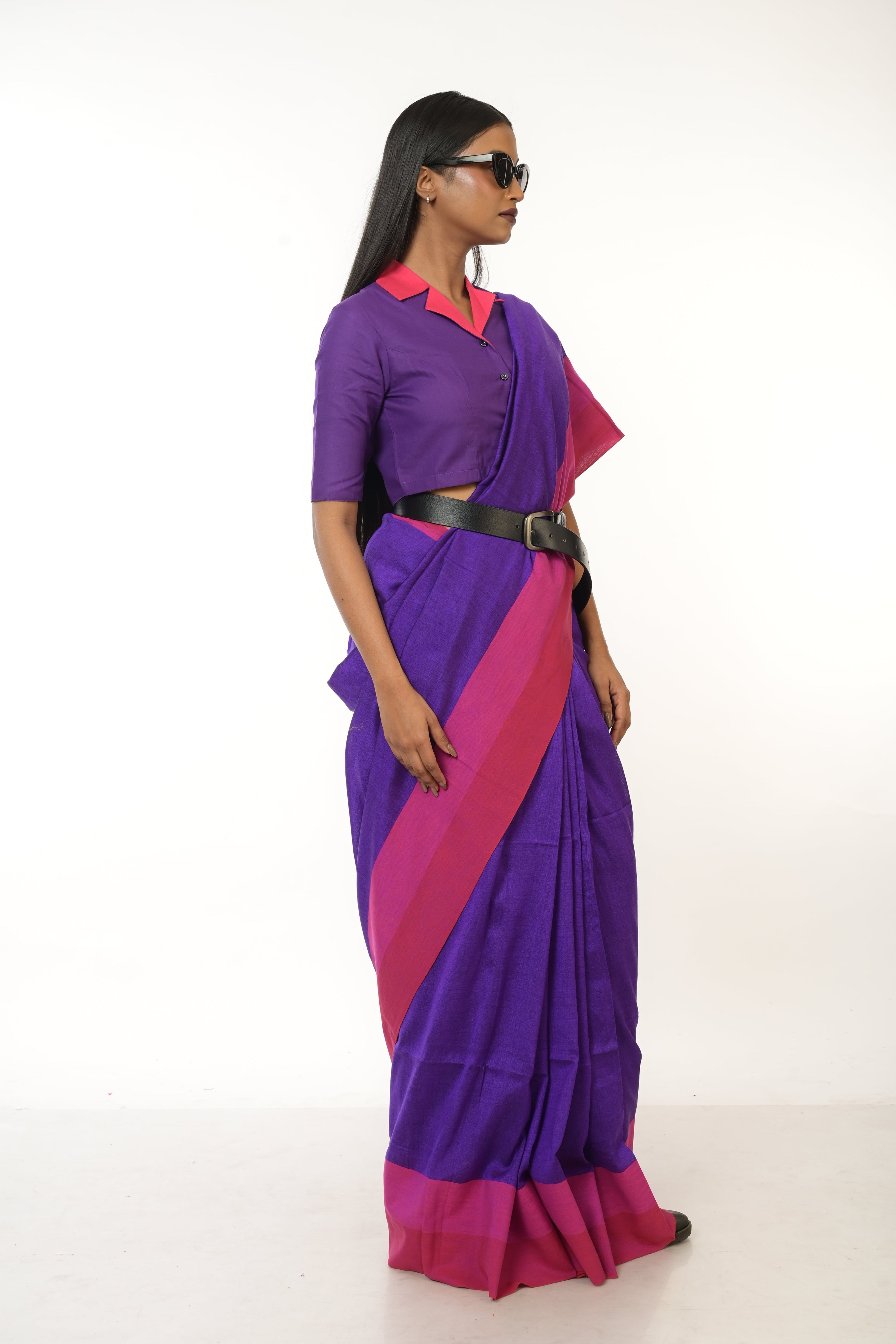 Royal Plum I Purple Handloom Acrylic Cotton Saree with Red and Pink Border