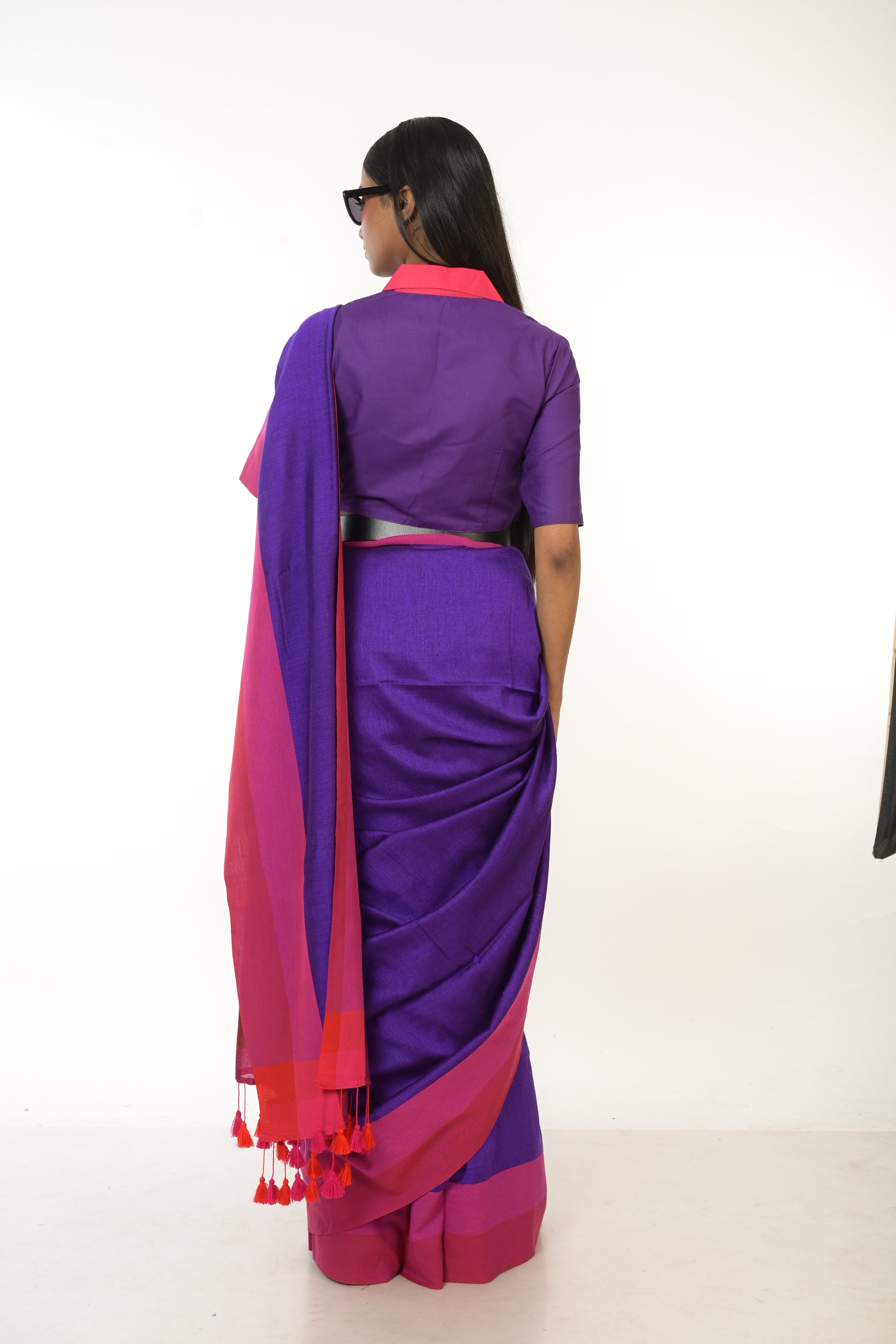 Royal Plum I Purple Handloom Acrylic Cotton Saree with Red and Pink Border