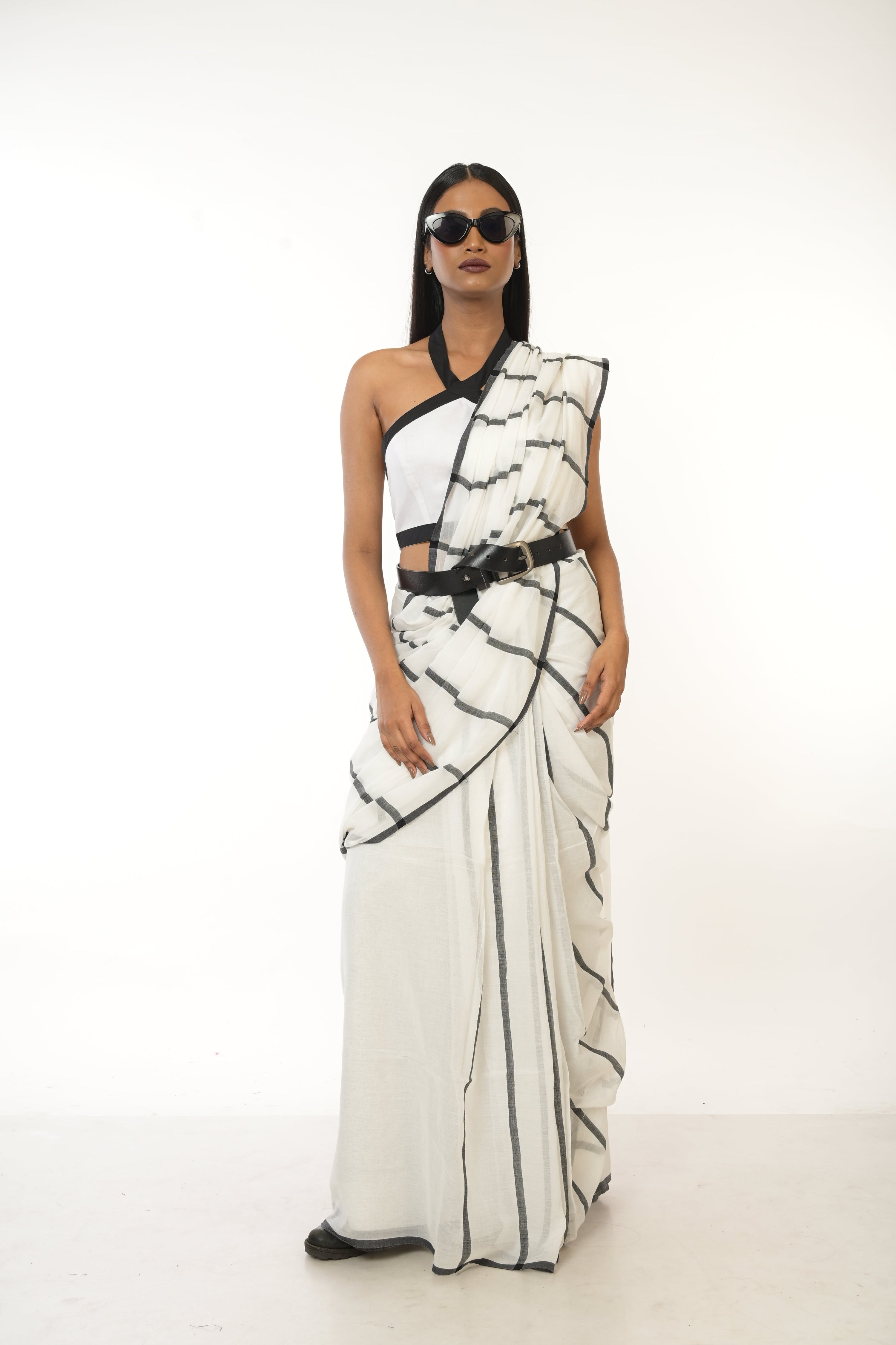 Monochrome Magic I White Handloom Cotton Saree with Black Stripes