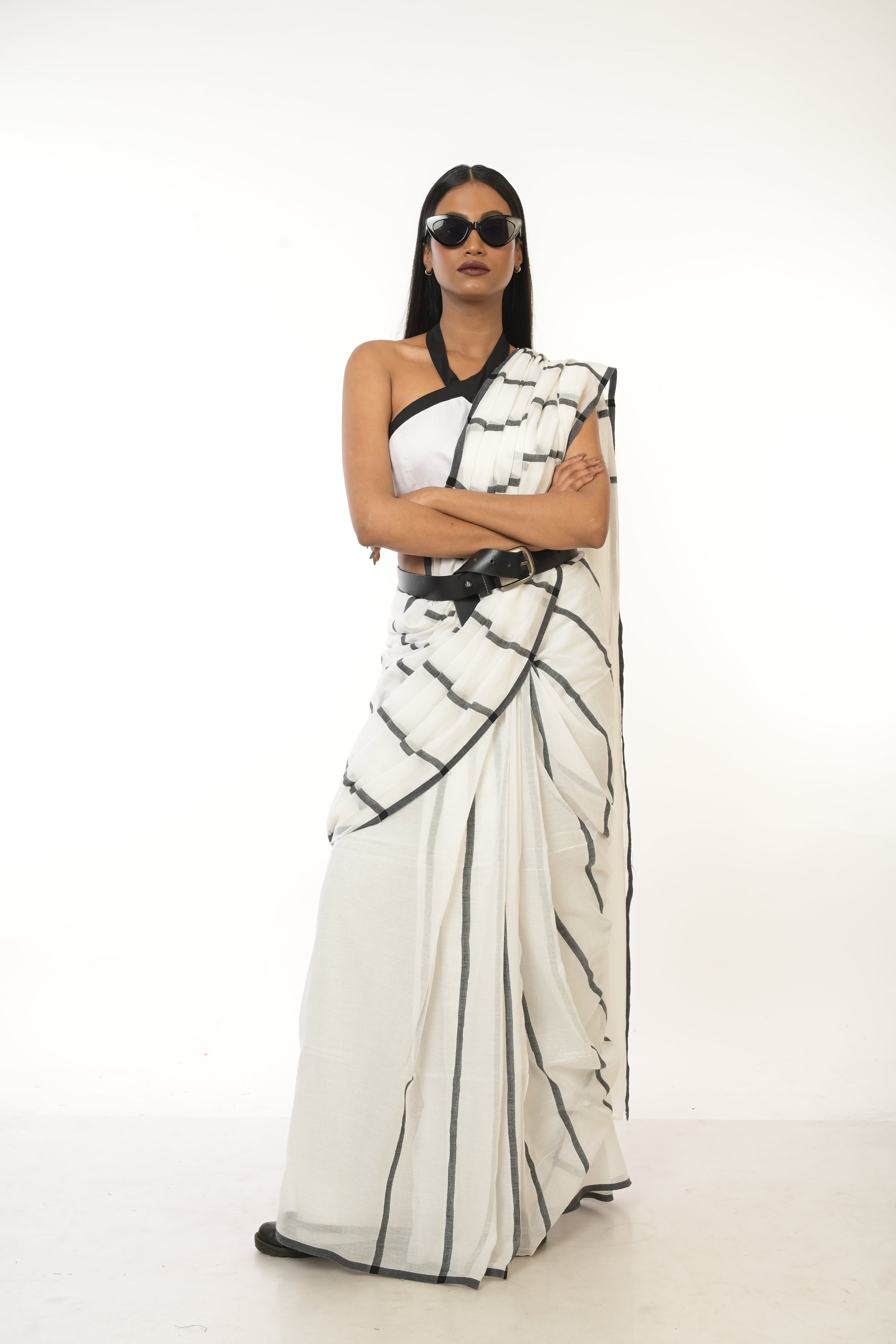 Monochrome Magic I White Handloom Cotton Saree with Black Stripes