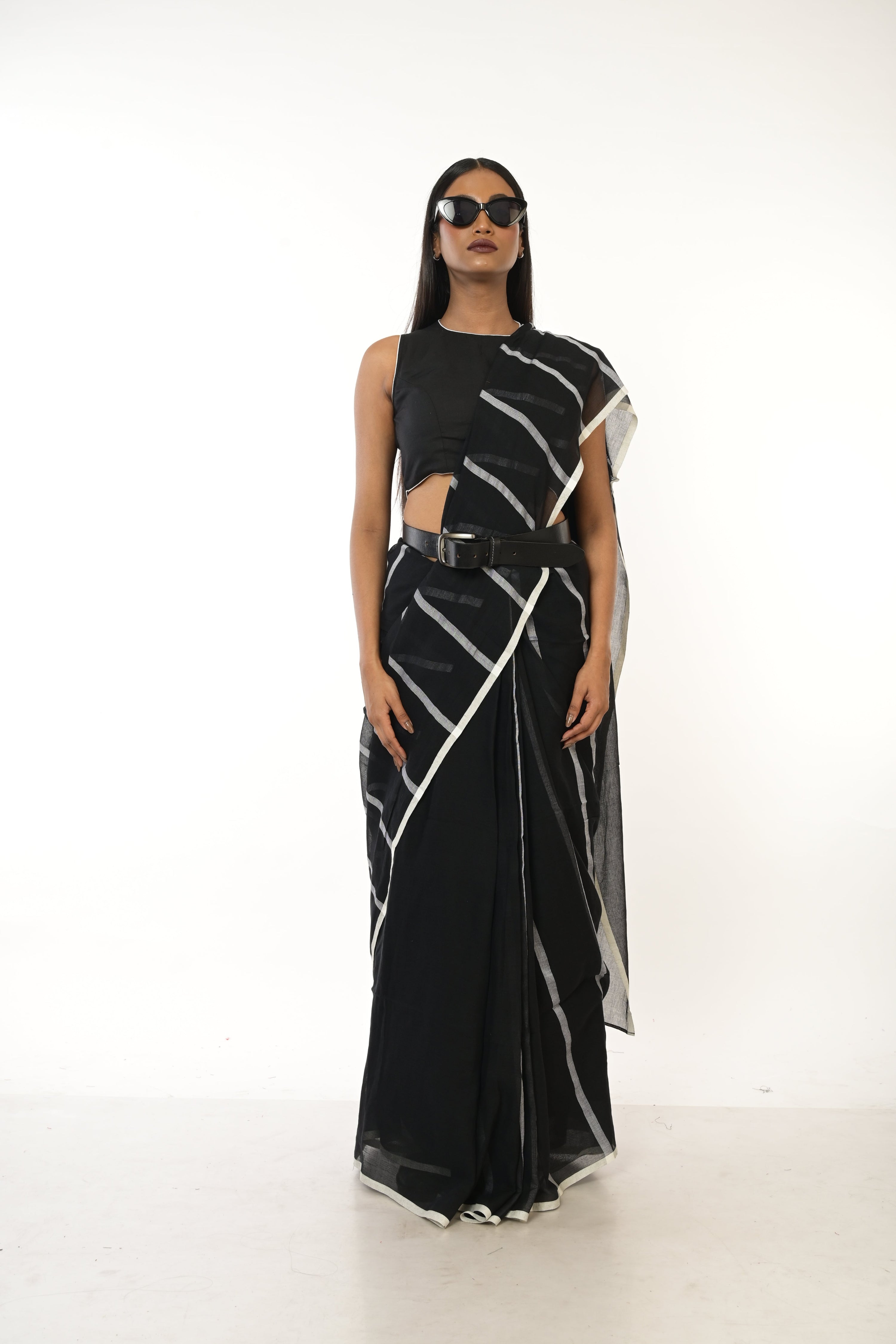 Midnight Stripes I Black Handloom Cotton Saree with white Stripes