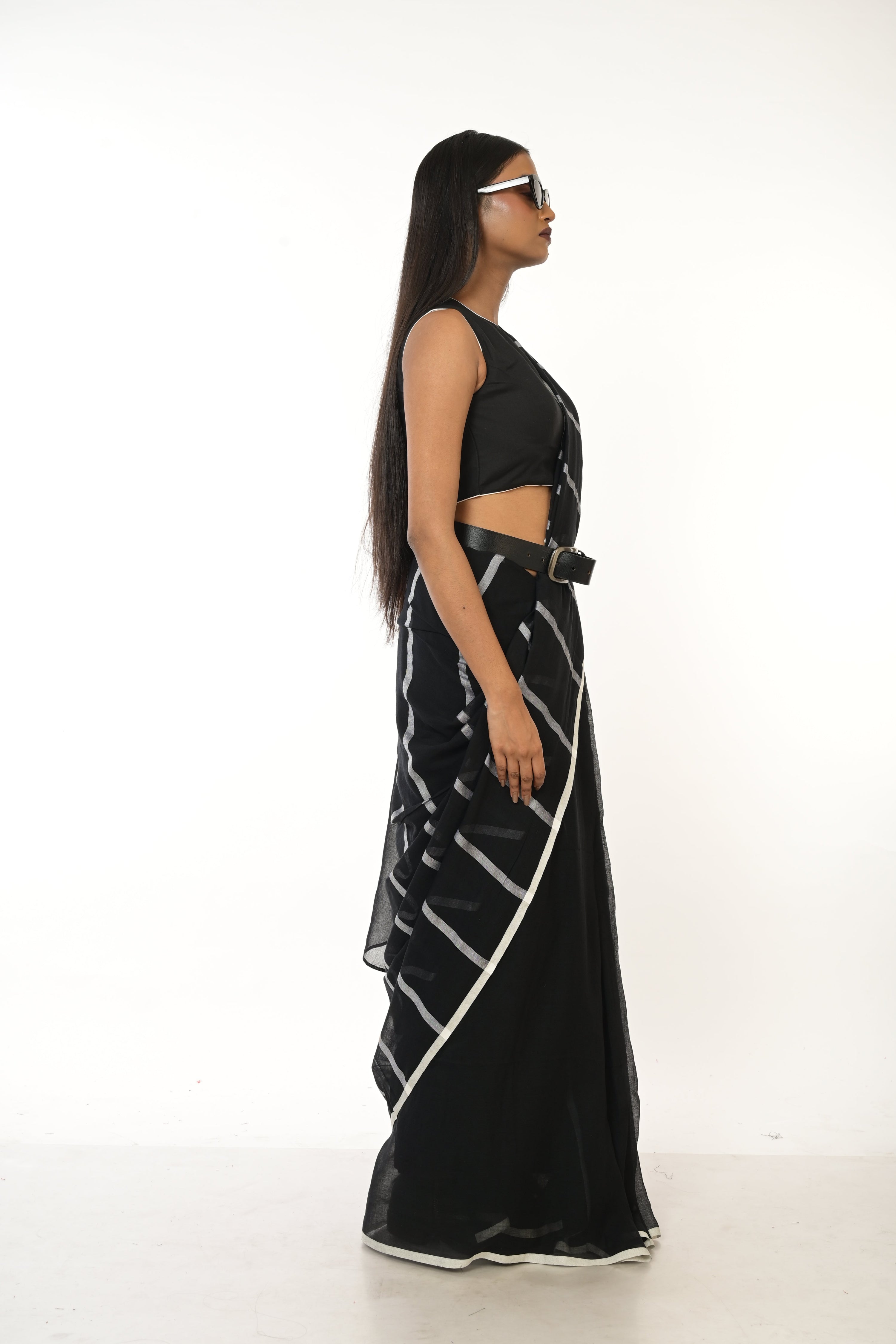 Midnight Stripes I Black Handloom Cotton Saree with white Stripes