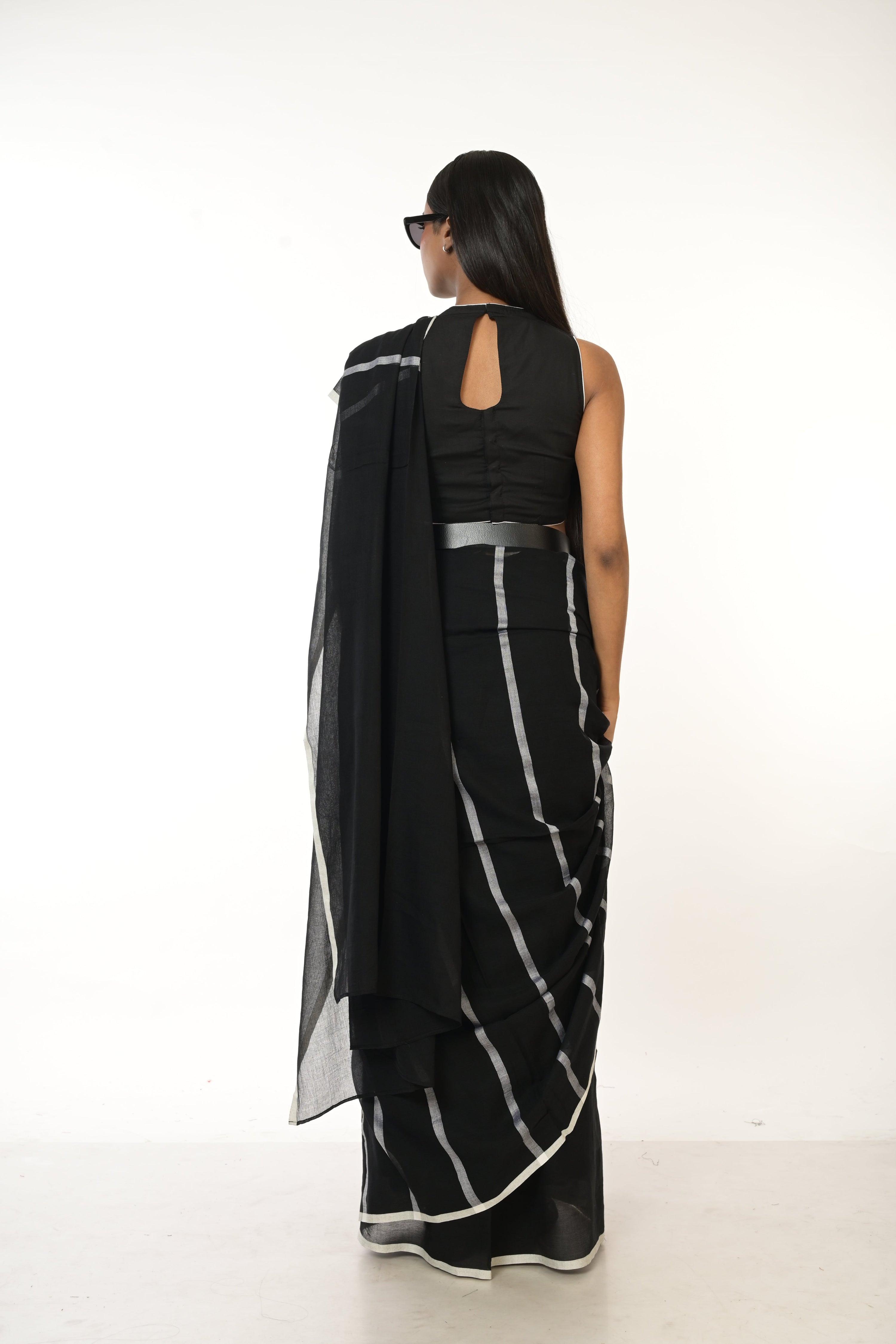 Midnight Stripes I Black Handloom Cotton Saree with white Stripes