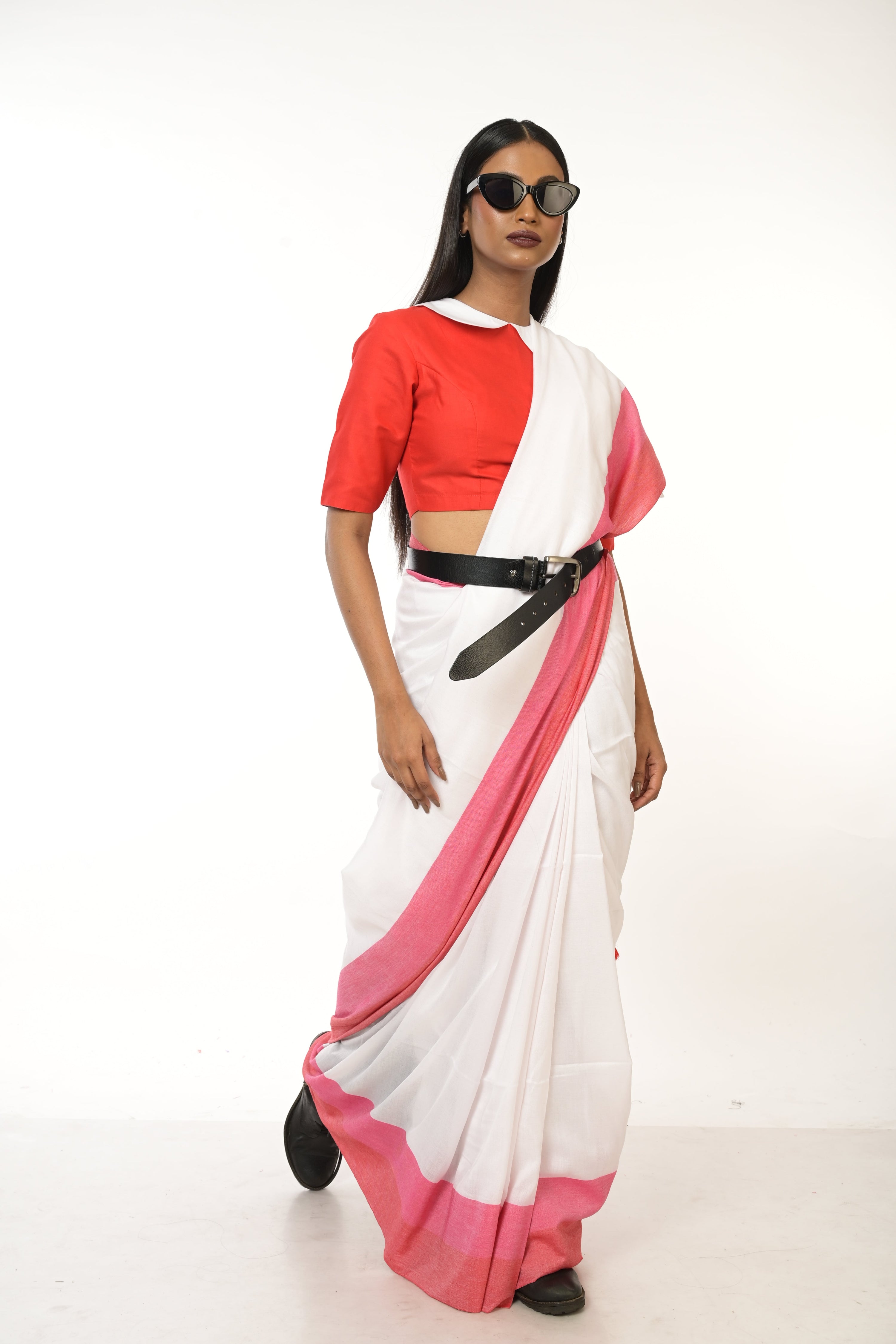 White Radiance I White Handloom Acrylic Cotton Saree with Red and Pink Border