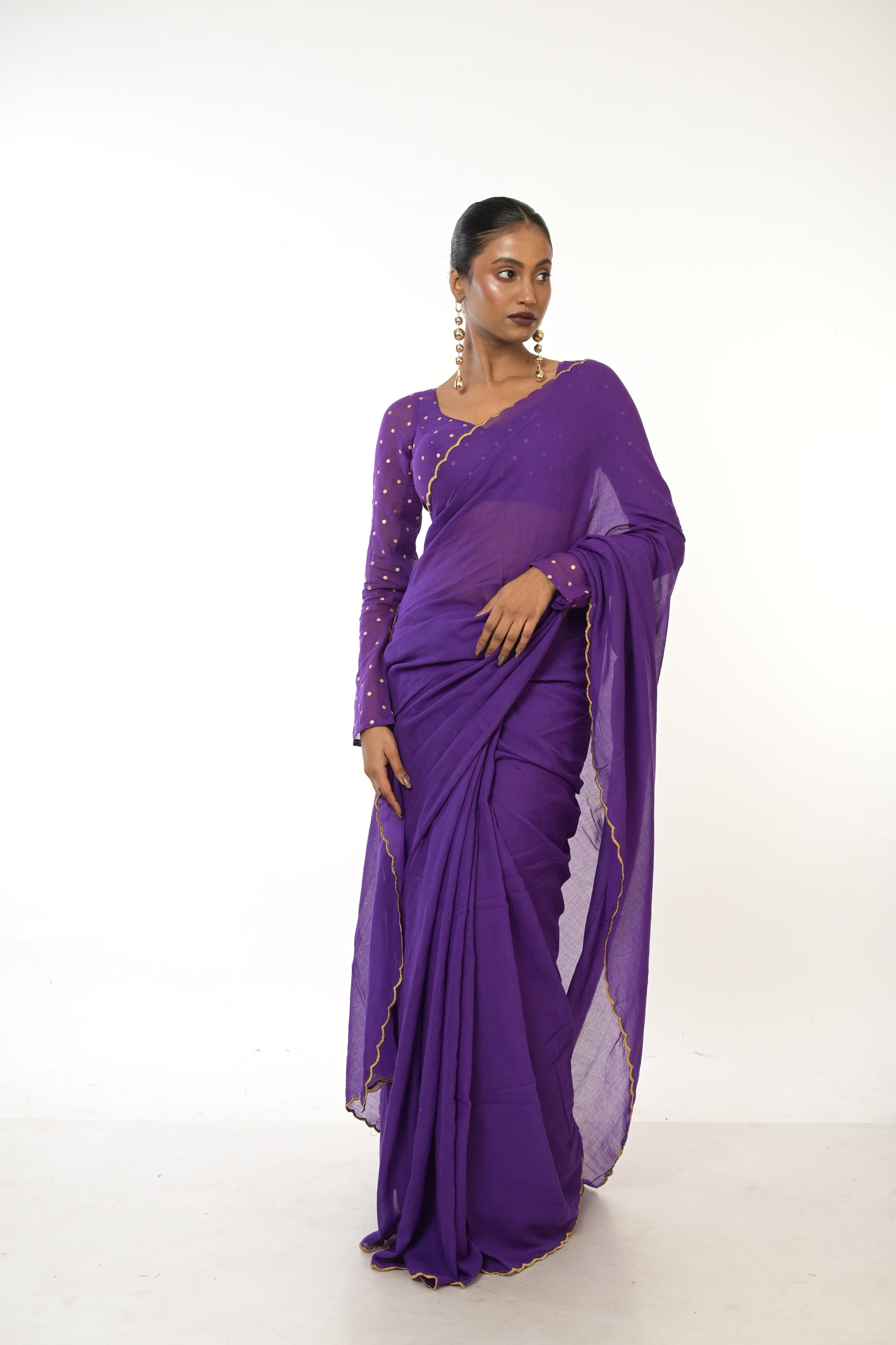 Royal Bloom I Purple  Handloom Mul Cotton Saree with Golden Scalloped Border