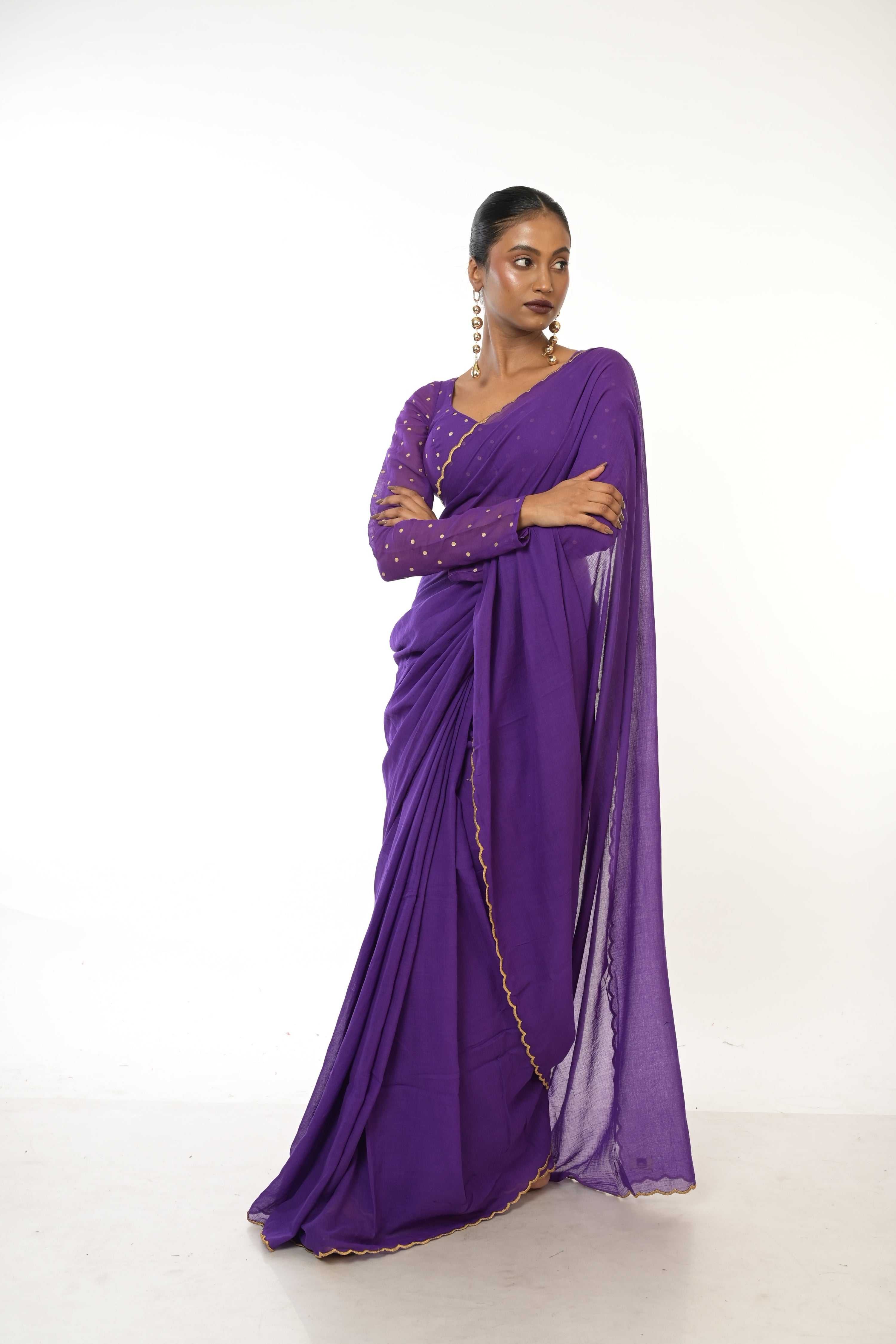 Royal Bloom I Purple  Handloom Mul Cotton Saree with Golden Scalloped Border