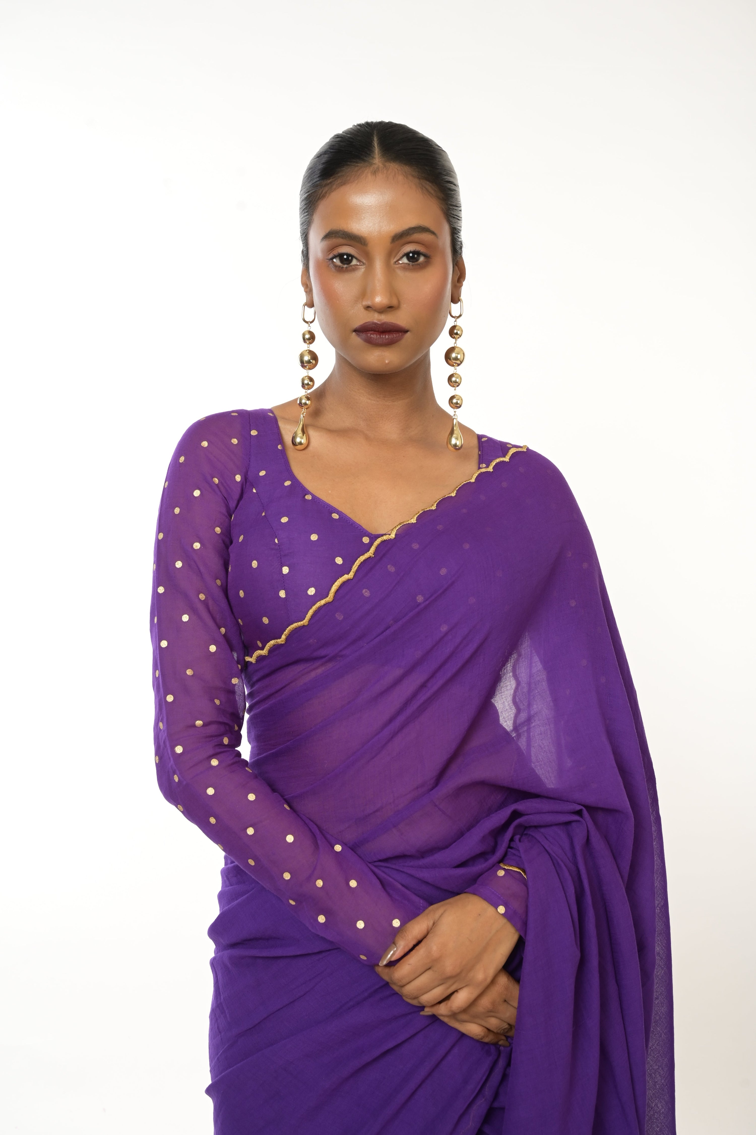 Royal Bloom I Purple  Handloom Mul Cotton Saree with Golden Scalloped Border