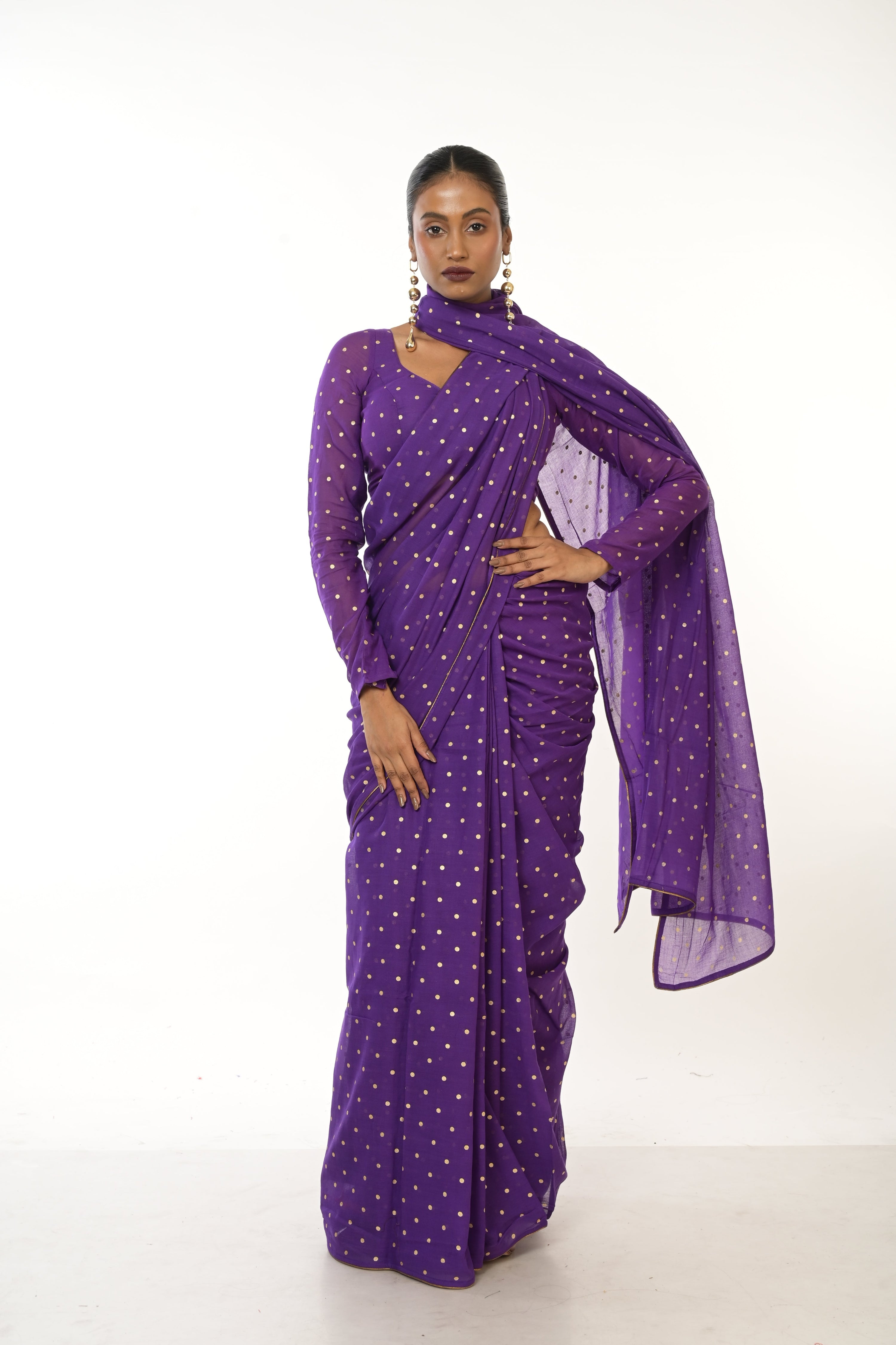 Twilight Specks I Purple Handloom Mul Cotton Metallic Polka Dotted Saree